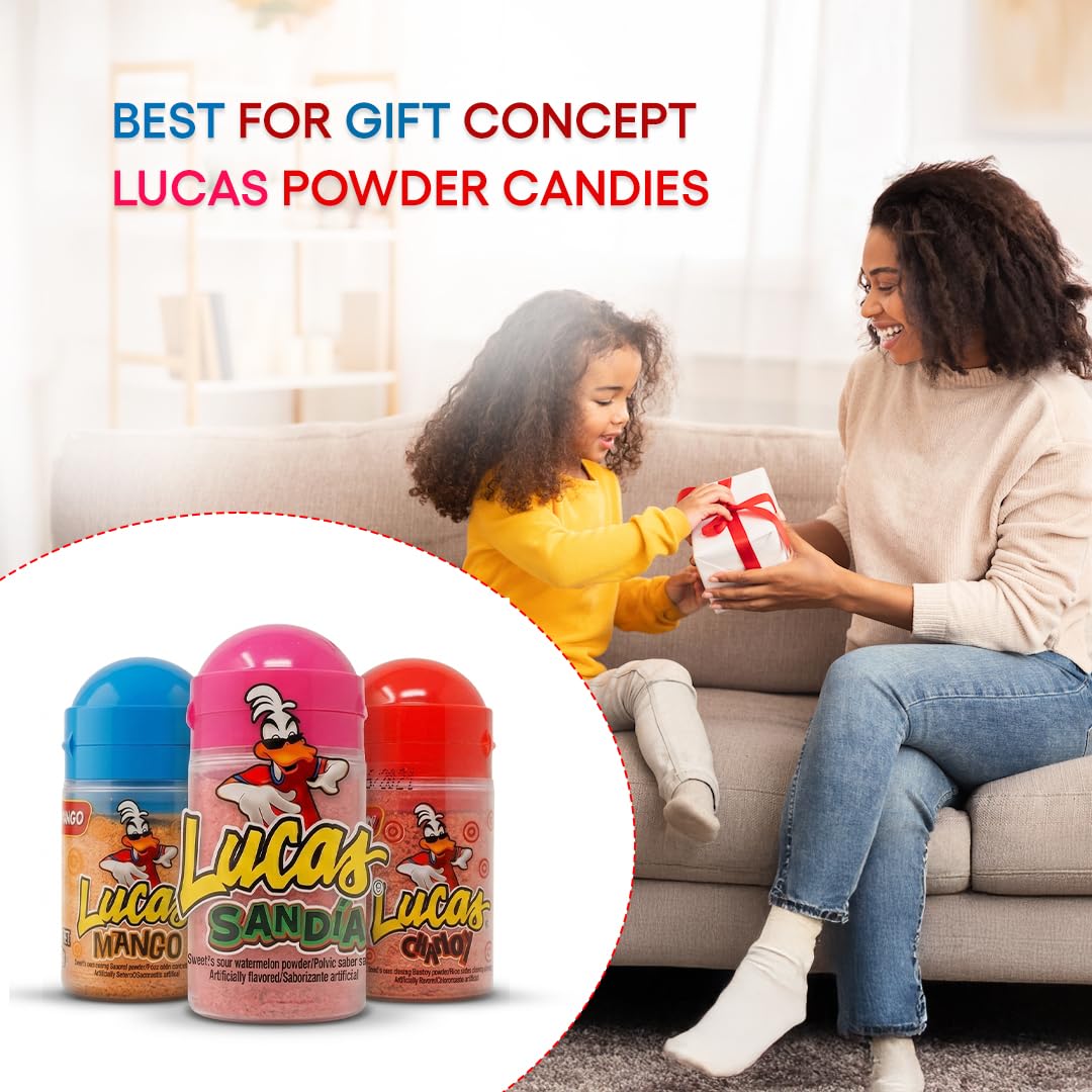 Lucas Chili Candy Powder Assortment – Mango Sandia Watermelon and Chamoy Style – Sweet Tangy Spicy Mexican Snack – Perfect for Gifts and Parties – 12 Pack Small Bottles