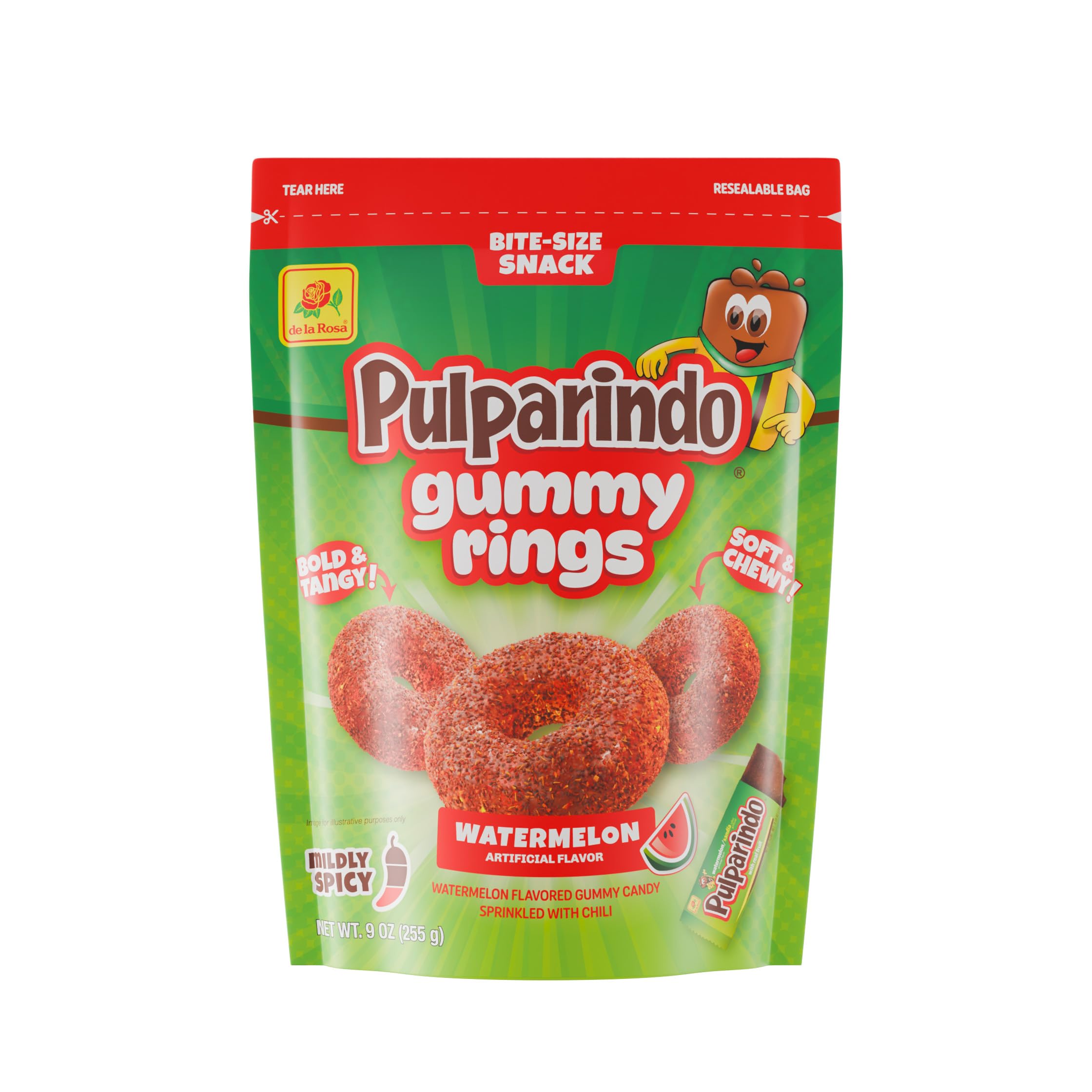 De la Rosa Pulparindo Gummies Rings,Mildly Spicy Soft Chewy Candy, Bite-Size Snack (9 Oz, Mango)