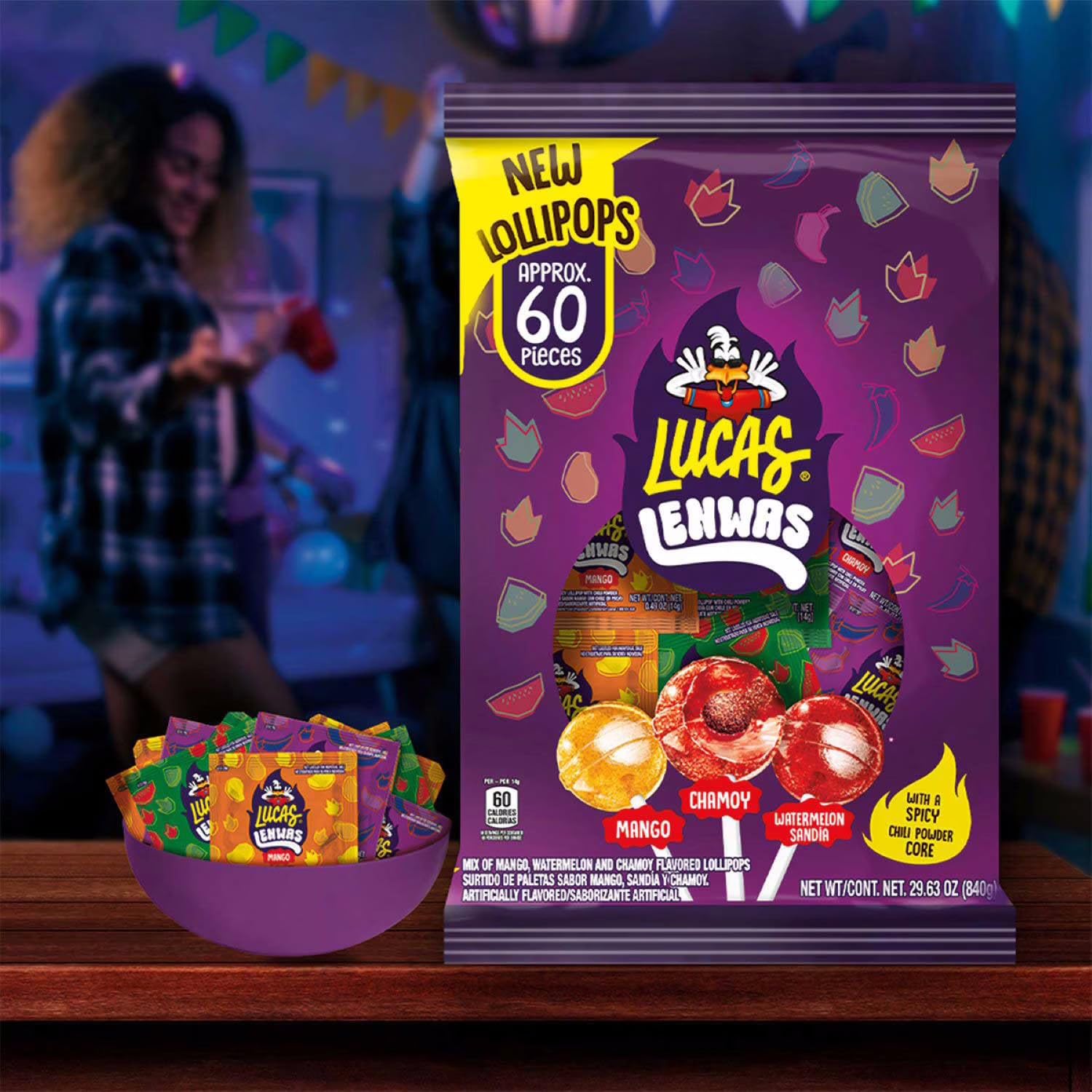 Lucas Lenwas Lollipops Variety Pack with Spicy Chili Powder Core, Mango, Chamoy & Watermelon Flavors, 60 Count, 29.63 oz (Pack of 1)