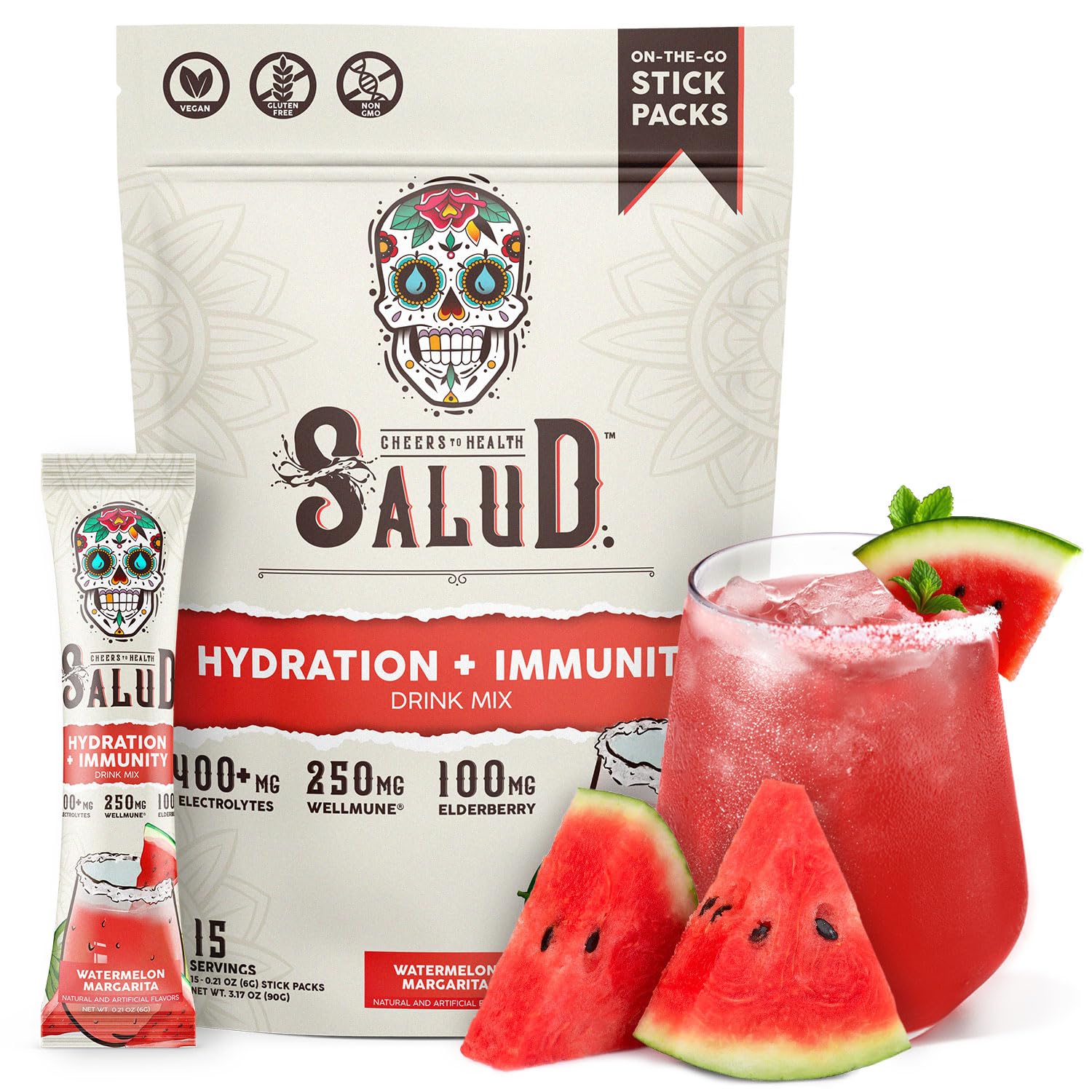 Salud x Jarritos 2-in-1 Hydration Packets + Immunity Electrolytes Powder, Guava - Agua Fresca Drink Mix, Elderberry, Dairy & Soy Free, Non-GMO, Gluten Free, Vegan, 1g Sugar (15 Servings)