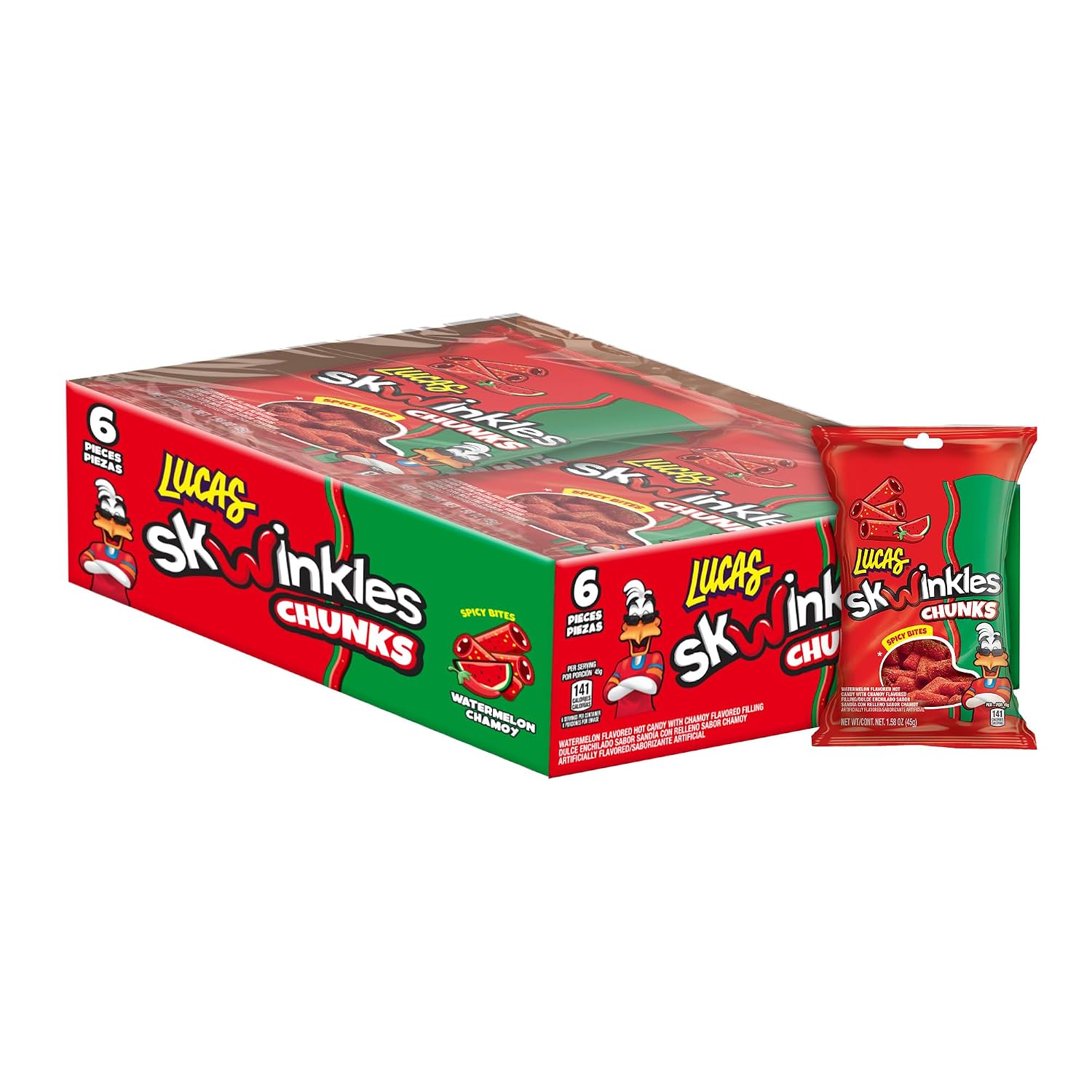 Lucas Skwinkles Candy Chunk Watermelon Flavored with Tamarind Filling 1.60oz, 6 pieces Pack – Watermelon & Tamarind perfect for Summer treats