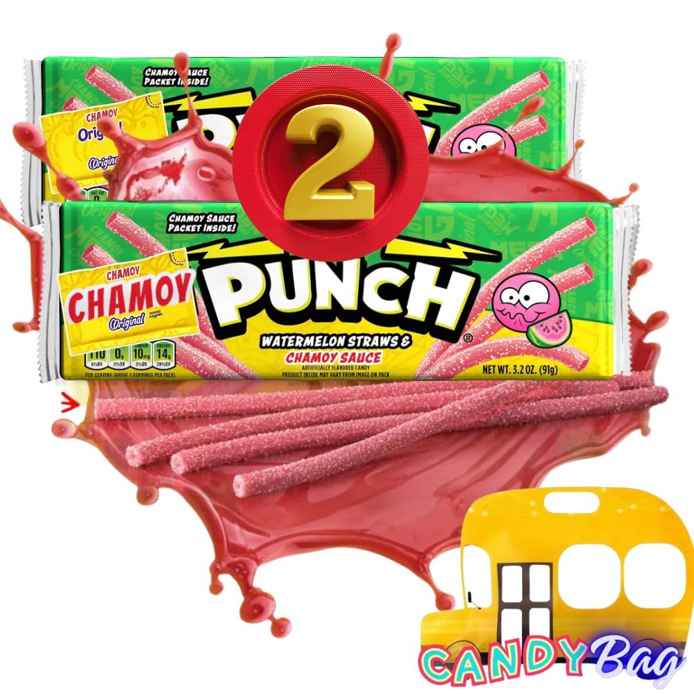 (PACK OF 2) Sour Watermelon Straws with Chamoy Sauce - Limited-Edition - Sweet, Tangy, and Savory Candy - Comes With One Bus Resealable ZipBag
