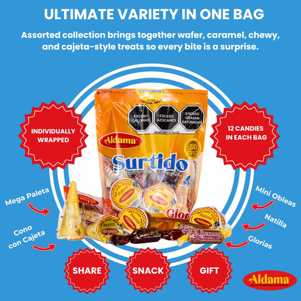 ALDAMA Megasurtido Bag (12-Count) – Assorted Mexican Candy | Wafer, Caramel & Chewy Traditional Sweets | Authentic Latin Flavor Variety Pack