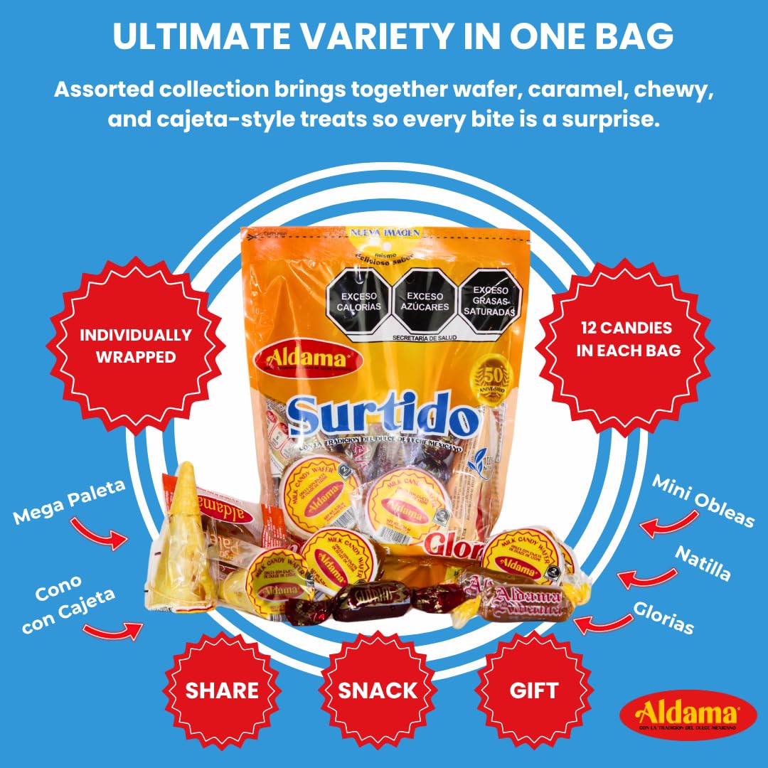ALDAMA Megasurtido Bag (12-Count) – Assorted Mexican Candy | Wafer, Caramel & Chewy Traditional Sweets | Authentic Latin Flavor Variety Pack