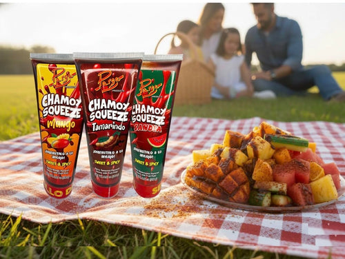 CHAMOY SQUEEZE VARIETY sauce with pulp mango watermelon & tamarind for a spicy tangy & sweet flavor 3 pk