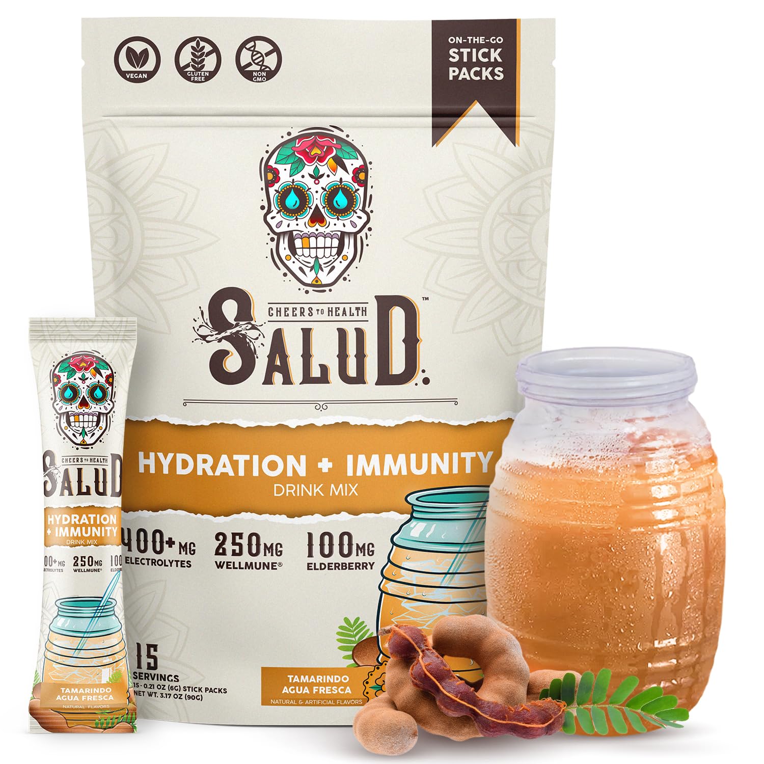 Salud x Jarritos 2-in-1 Hydration Packets + Immunity Electrolytes Powder, Guava - Agua Fresca Drink Mix, Elderberry, Dairy & Soy Free, Non-GMO, Gluten Free, Vegan, 1g Sugar (15 Servings)