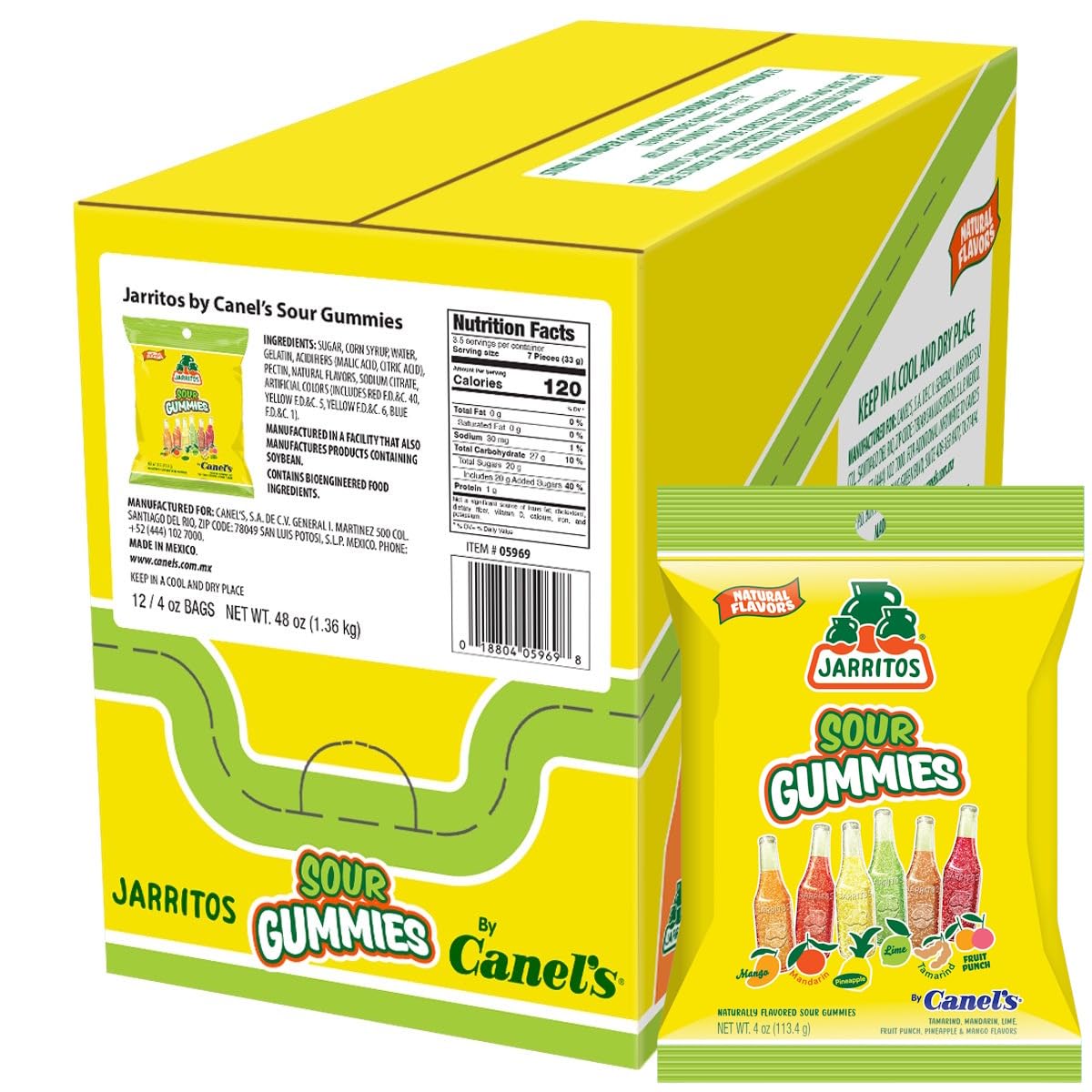 Canel's Jarritos Sour Gummies Candy, Mango, Mandarin, Pineapple, Lime, Tamarind & Fruit Punch Flavors, 4 oz, (Pack of 12)
