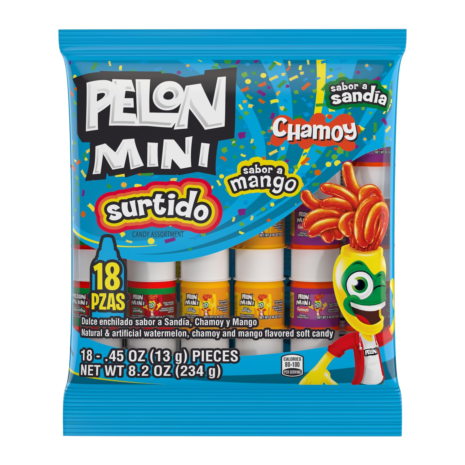 Pelon Pelo Rico Mini Assorted Watermelon, Mango, and Chamoy Candy, 0.45 oz, 18 Count (Pack of 1)