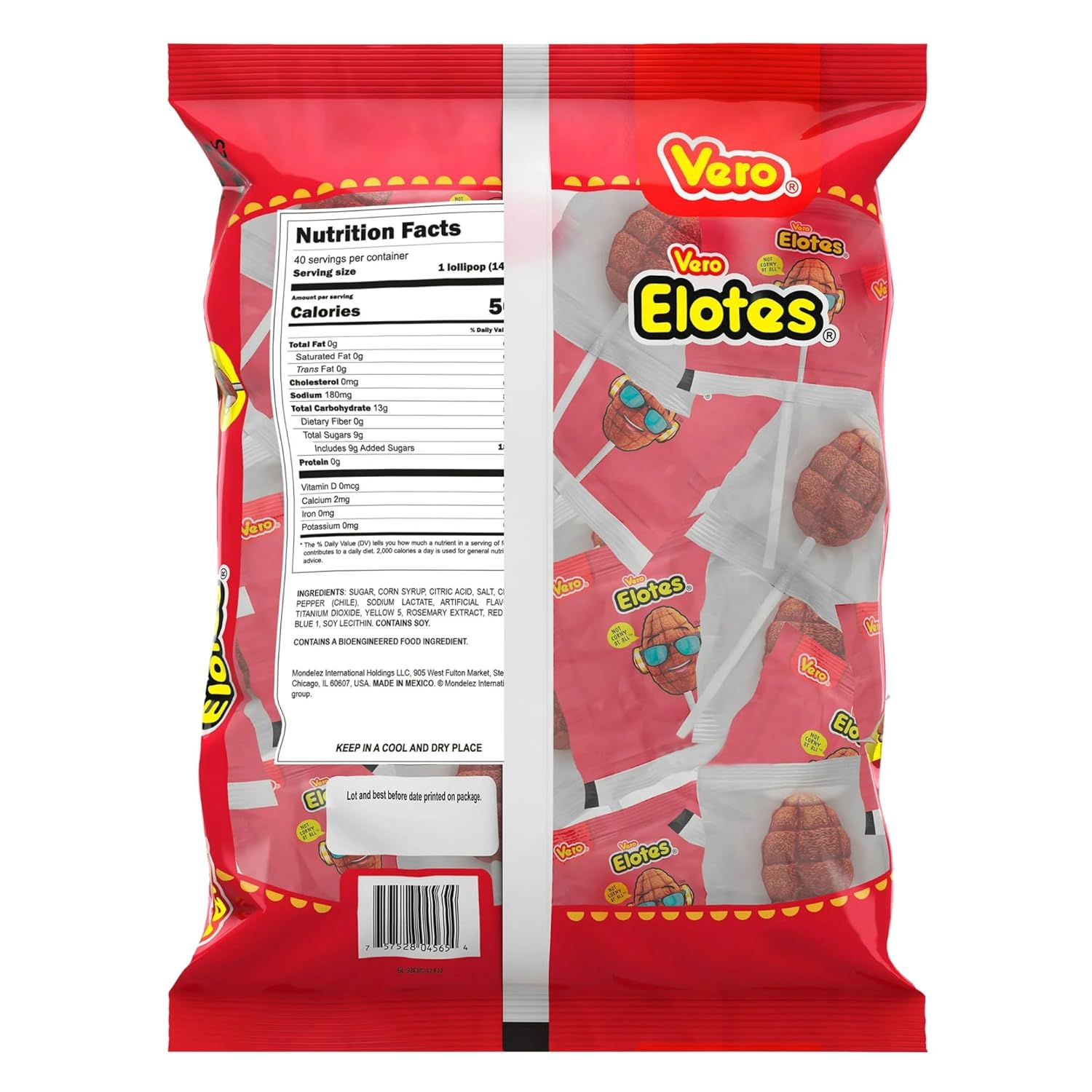 Vero Elotes Strawberry Flavored Lollipops Coated with Chili Powder 40 Count Bag (Net Wt. 22.4 Ounces) - Corn Shaped Mexican Candy - Individually Wrapped Lollipops for Piñatas, Halloween, and More.
