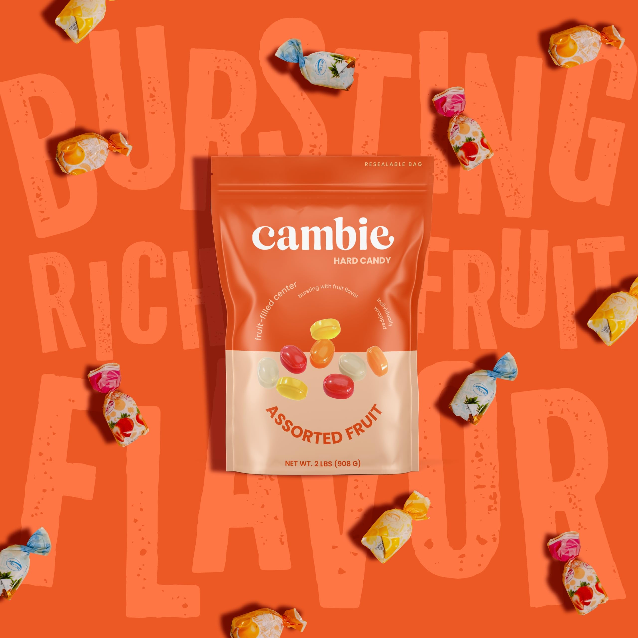 Strawberry Hard Candy Individually Wrapped by Cambie, 2 lbs of Strawberry Candy with a Deliciously Sweet Hard Exterior with a Soft, Fruit-Filled Center