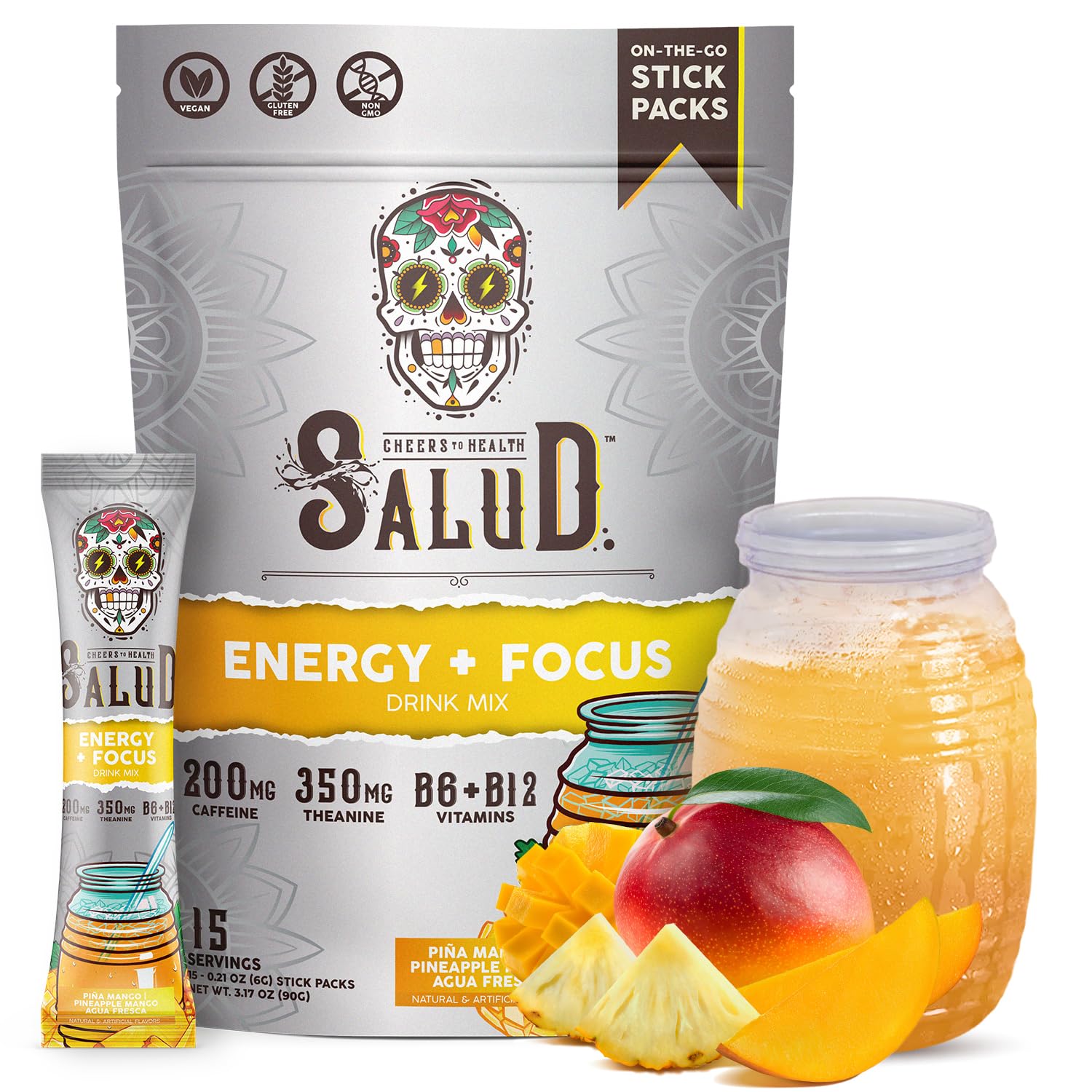 Salud x Jarritos 2-in-1 Energy Drink Powder + Focus, Lime, Organic Caffeine, B6 + B12, Theanine, Clean Energy Drink Packets, Limon Agua Fresca Mix, Non-GMO, Gluten Free, 1g of Sugar, (15 Servings)