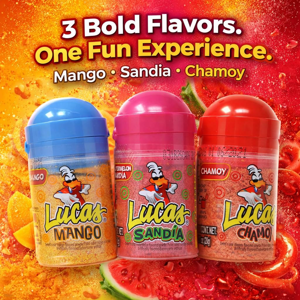 Lucas Chili Candy Powder Assortment – Mango Sandia Watermelon and Chamoy Style – Sweet Tangy Spicy Mexican Snack – Perfect for Gifts and Parties – 12 Pack Small Bottles