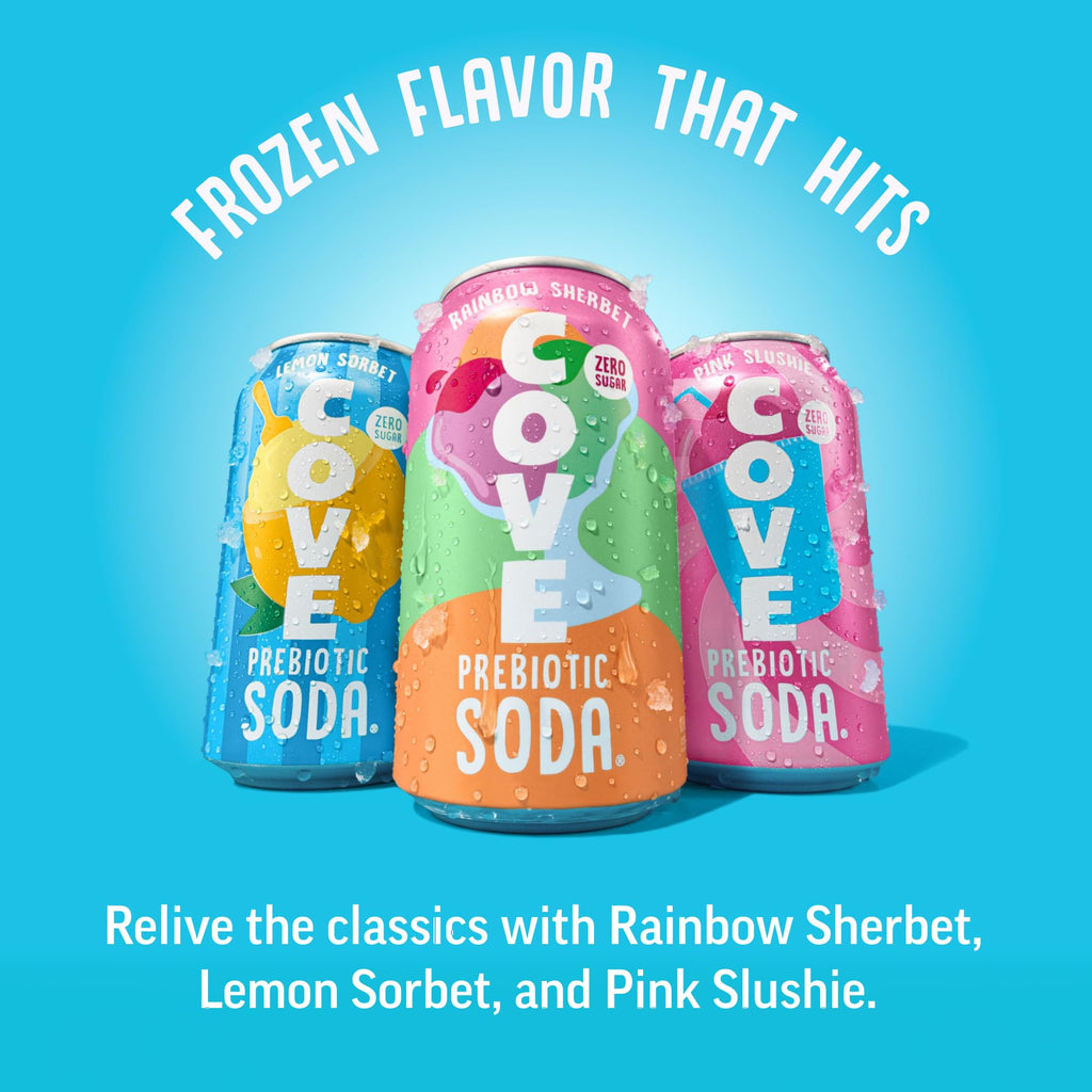 Cove Prebiotic Soda Soft Drinks with Zero Sugar - Refreshing Healthy Soda Alternative with 4g of Fiber for Digestive Support - Natural, Caffeine Free Sparkling Beverage - Frozen Favorites, 12 Pack