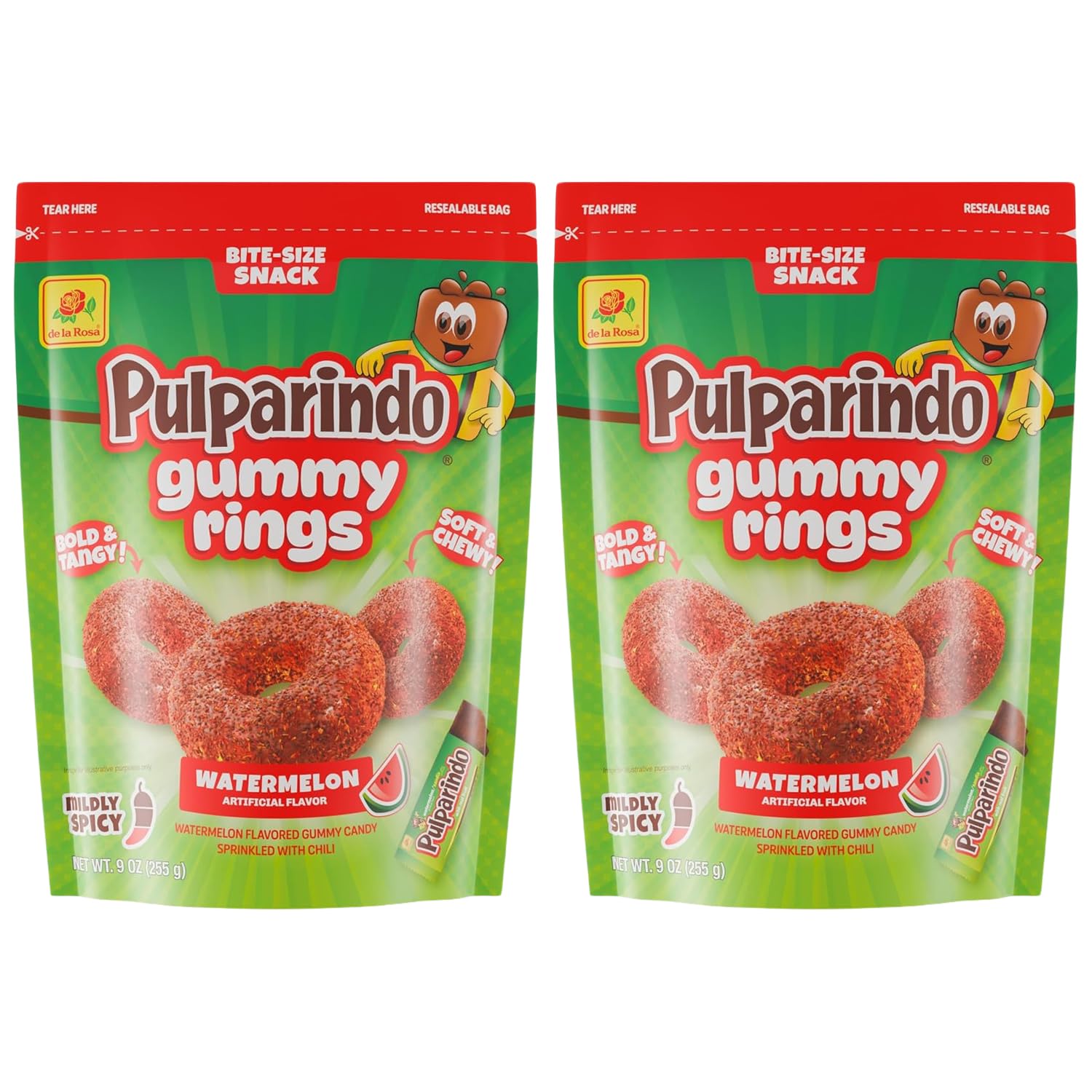 De la Rosa Pulparindo Gummy Rings Candy 9oz Bag (2 Pack) – Mildly Spicy Soft & Chewy Mexican Candy, Bite-Size Snack, Watermelon, Tamarind or Mango (Tamarind)