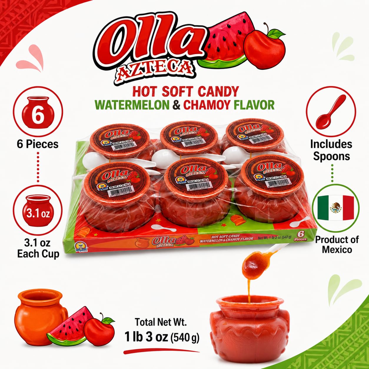 Olla El Azteca Hot Soft Candy Watermelon & Chamoy Flavor, 6 Individual Candy Cups with Spoons, Mexican-Style Sweet Tangy Spicy Candy, 3.1 oz Each, 1 lb 3 oz Total