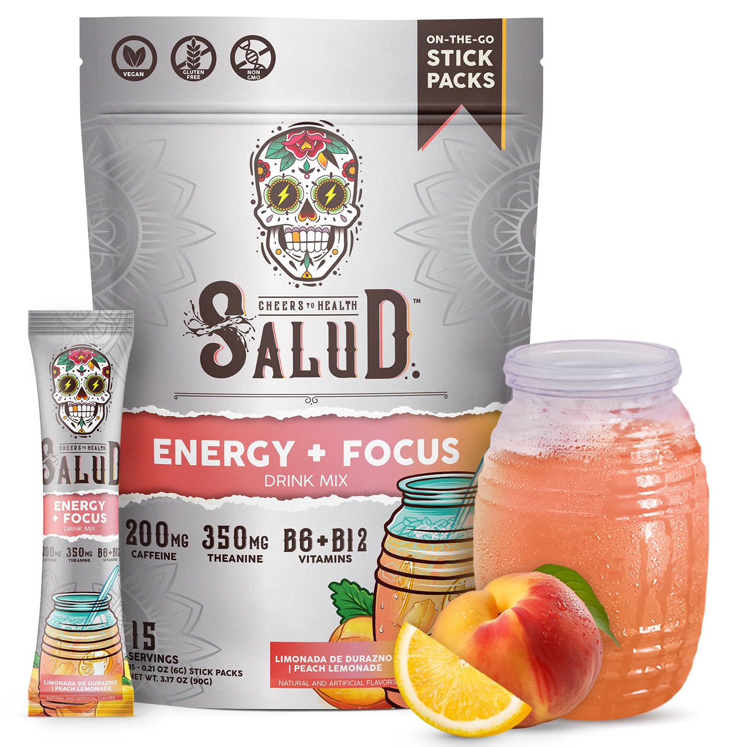 Salud x Jarritos 2-in-1 Energy Drink Powder + Focus, Lime, Organic Caffeine, B6 + B12, Theanine, Clean Energy Drink Packets, Limon Agua Fresca Mix, Non-GMO, Gluten Free, 1g of Sugar, (15 Servings)