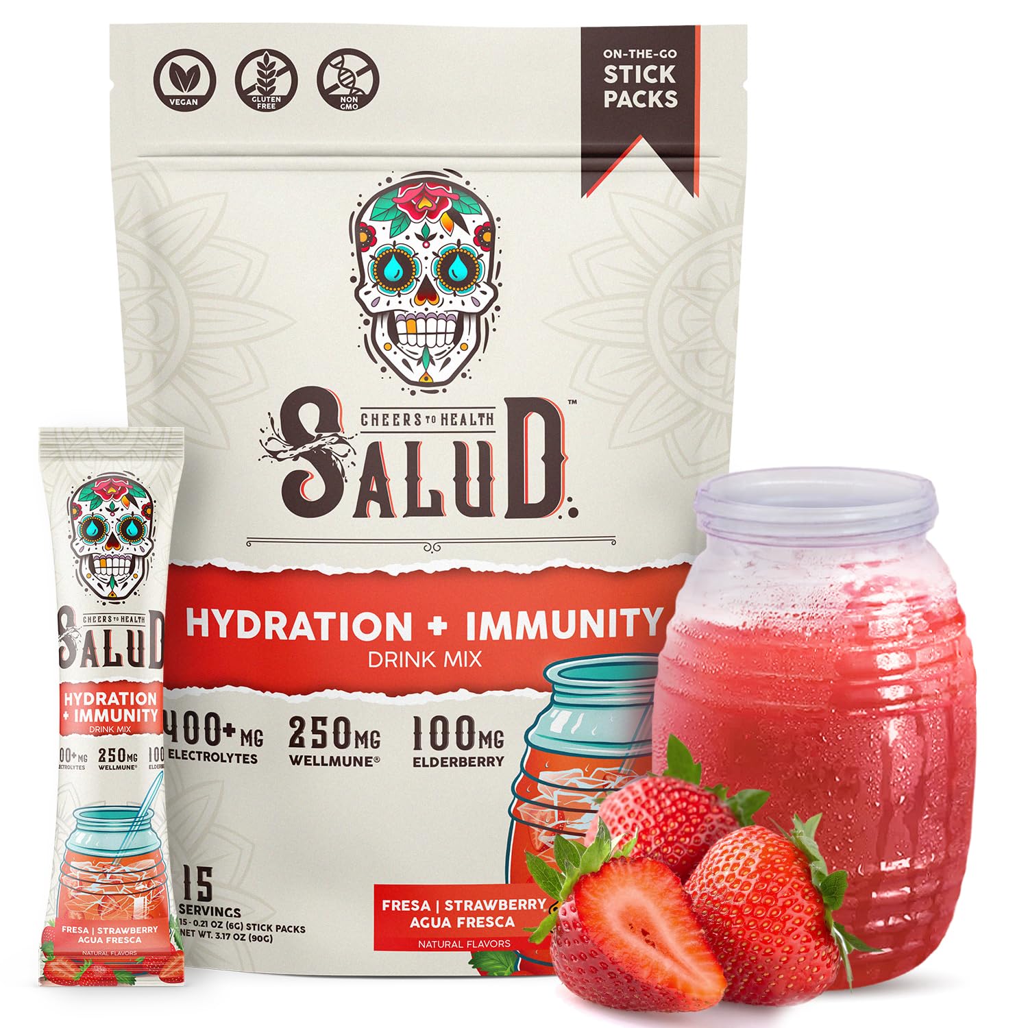 Salud x Jarritos 2-in-1 Hydration Packets + Immunity Electrolytes Powder, Guava - Agua Fresca Drink Mix, Elderberry, Dairy & Soy Free, Non-GMO, Gluten Free, Vegan, 1g Sugar (15 Servings)
