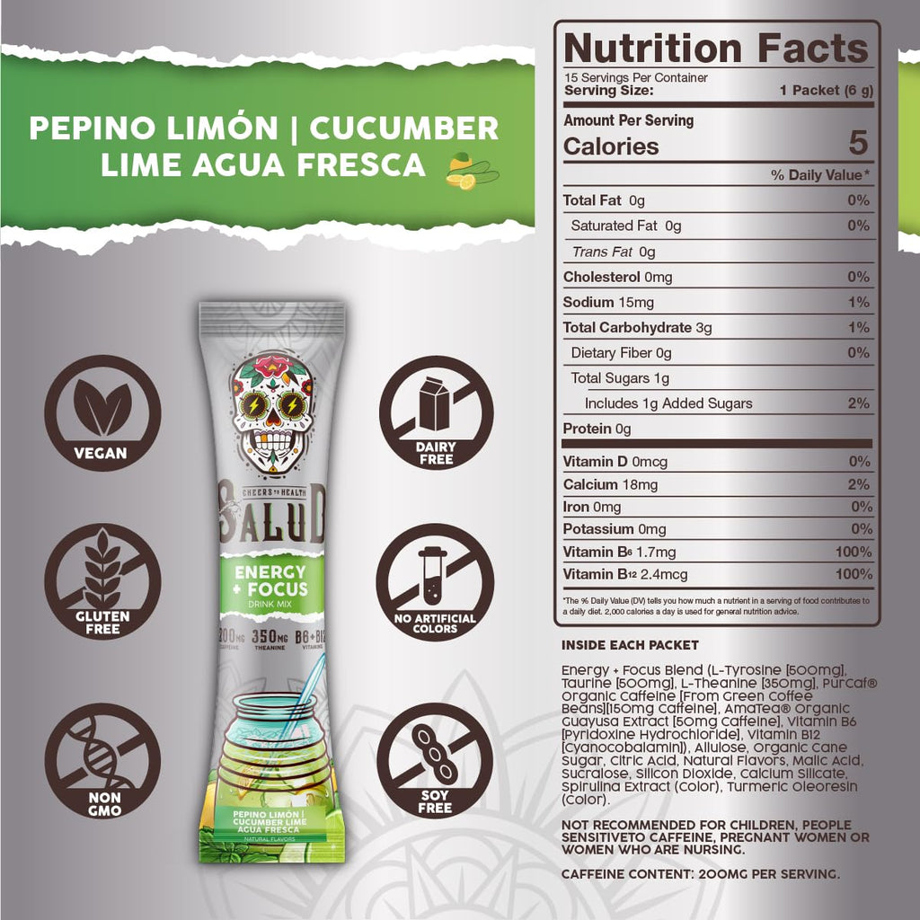 Salud x Jarritos 2-in-1 Energy Drink Powder + Focus, Lime, Organic Caffeine, B6 + B12, Theanine, Clean Energy Drink Packets, Limon Agua Fresca Mix, Non-GMO, Gluten Free, 1g of Sugar, (15 Servings)