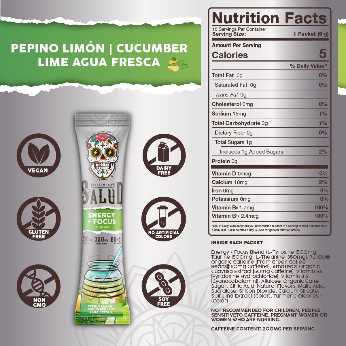 Salud x Jarritos 2-in-1 Energy Drink Powder + Focus, Lime, Organic Caffeine, B6 + B12, Theanine, Clean Energy Drink Packets, Limon Agua Fresca Mix, Non-GMO, Gluten Free, 1g of Sugar, (15 Servings)
