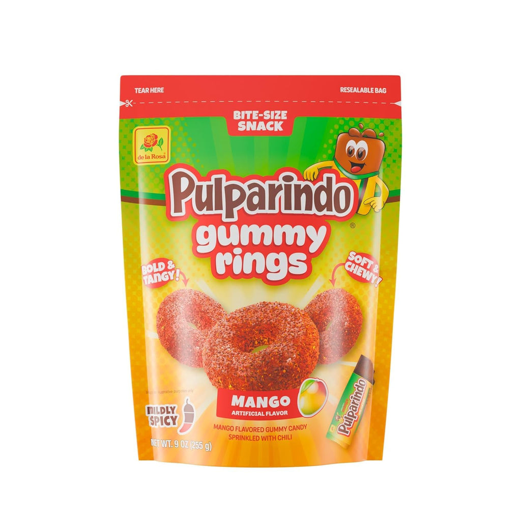 De la Rosa Pulparindo Gummy Rings Candy 9oz Bag (2 Pack) – Mildly Spicy Soft & Chewy Mexican Candy, Bite-Size Snack, Watermelon, Tamarind or Mango (Tamarind)