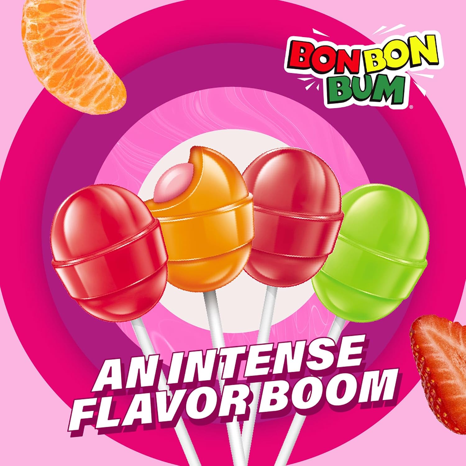 Colombina Bon Bon Bum Passion Fruit Lollipops, Tropical Fruit Hard Candy, Individually Wrapped Candy Pops for Parties, Candy Bowl Refill, Office or Classroom Rewards, 24 Count