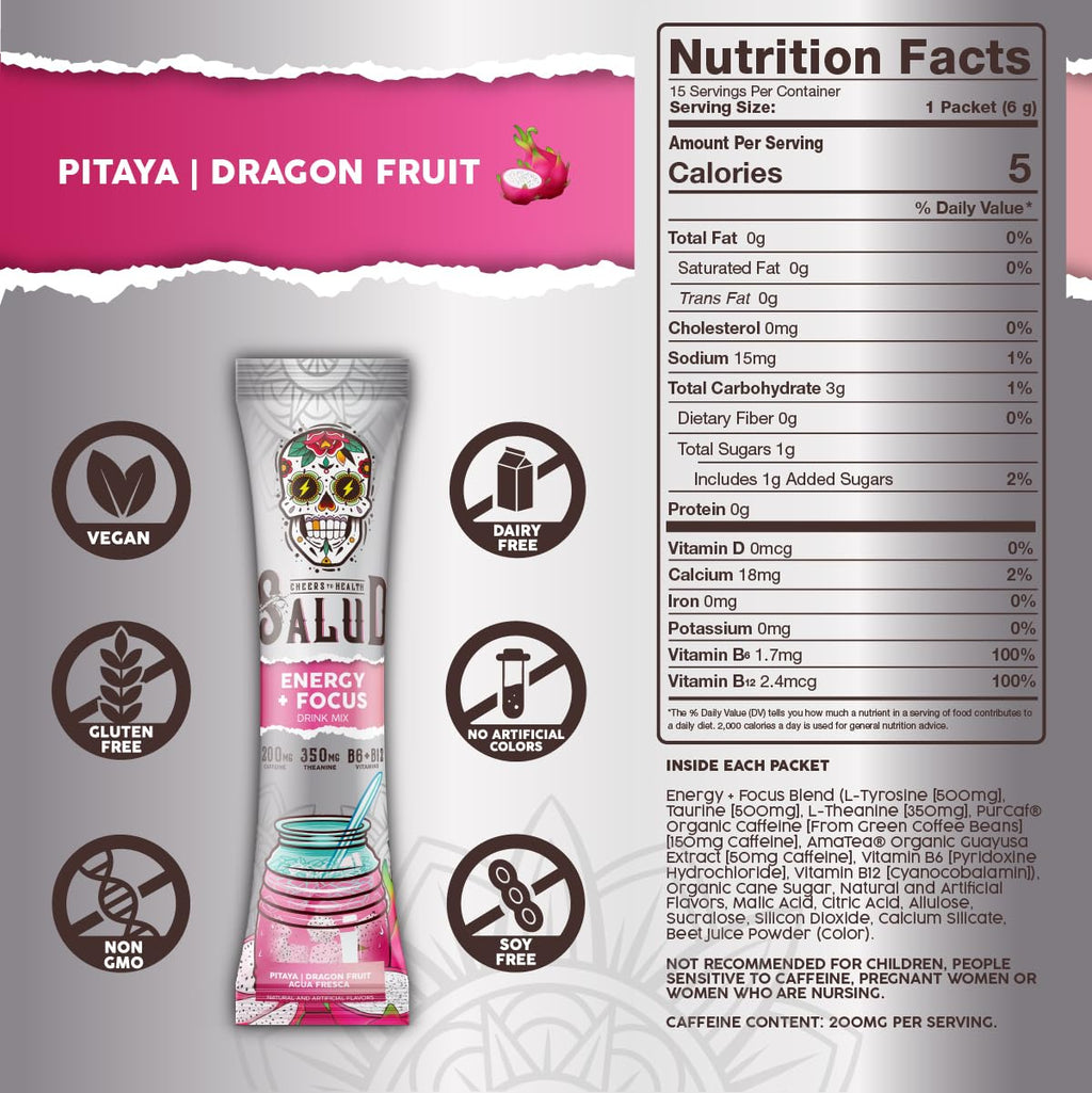 Salud x Jarritos 2-in-1 Energy Drink Powder + Focus, Lime, Organic Caffeine, B6 + B12, Theanine, Clean Energy Drink Packets, Limon Agua Fresca Mix, Non-GMO, Gluten Free, 1g of Sugar, (15 Servings)