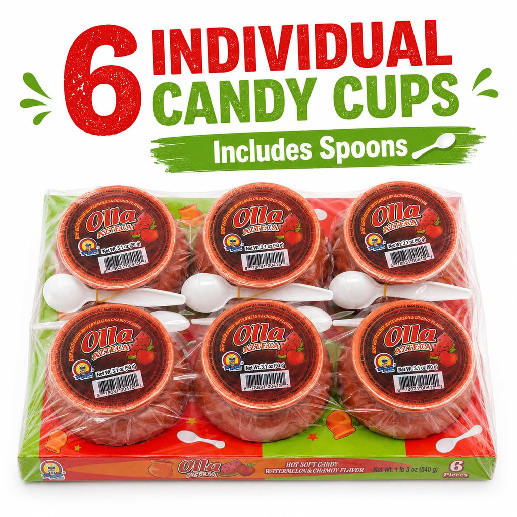 Olla El Azteca Hot Soft Candy Watermelon & Chamoy Flavor, 6 Individual Candy Cups with Spoons, Mexican-Style Sweet Tangy Spicy Candy, 3.1 oz Each, 1 lb 3 oz Total