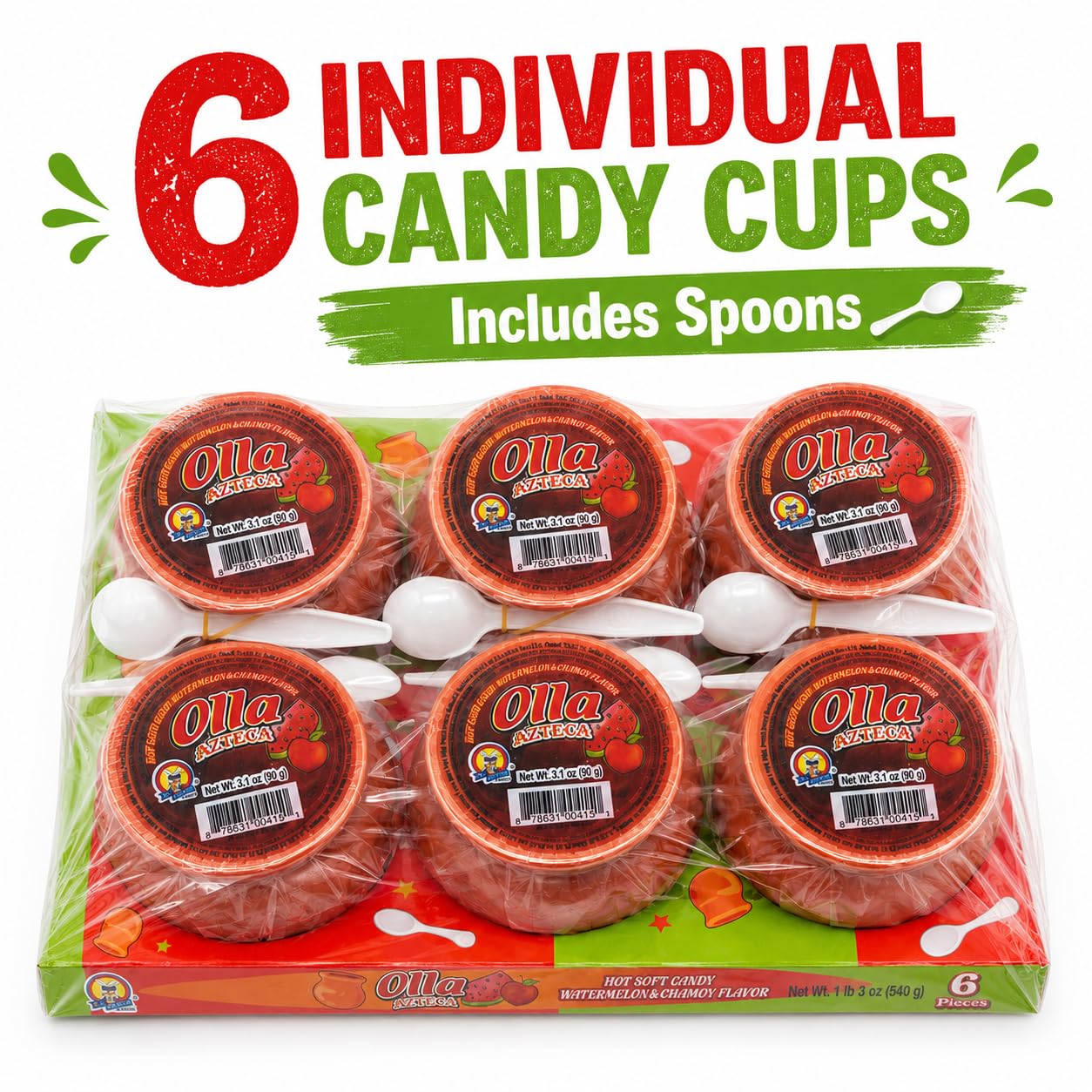 Olla El Azteca Hot Soft Candy Watermelon & Chamoy Flavor, 6 Individual Candy Cups with Spoons, Mexican-Style Sweet Tangy Spicy Candy, 3.1 oz Each, 1 lb 3 oz Total