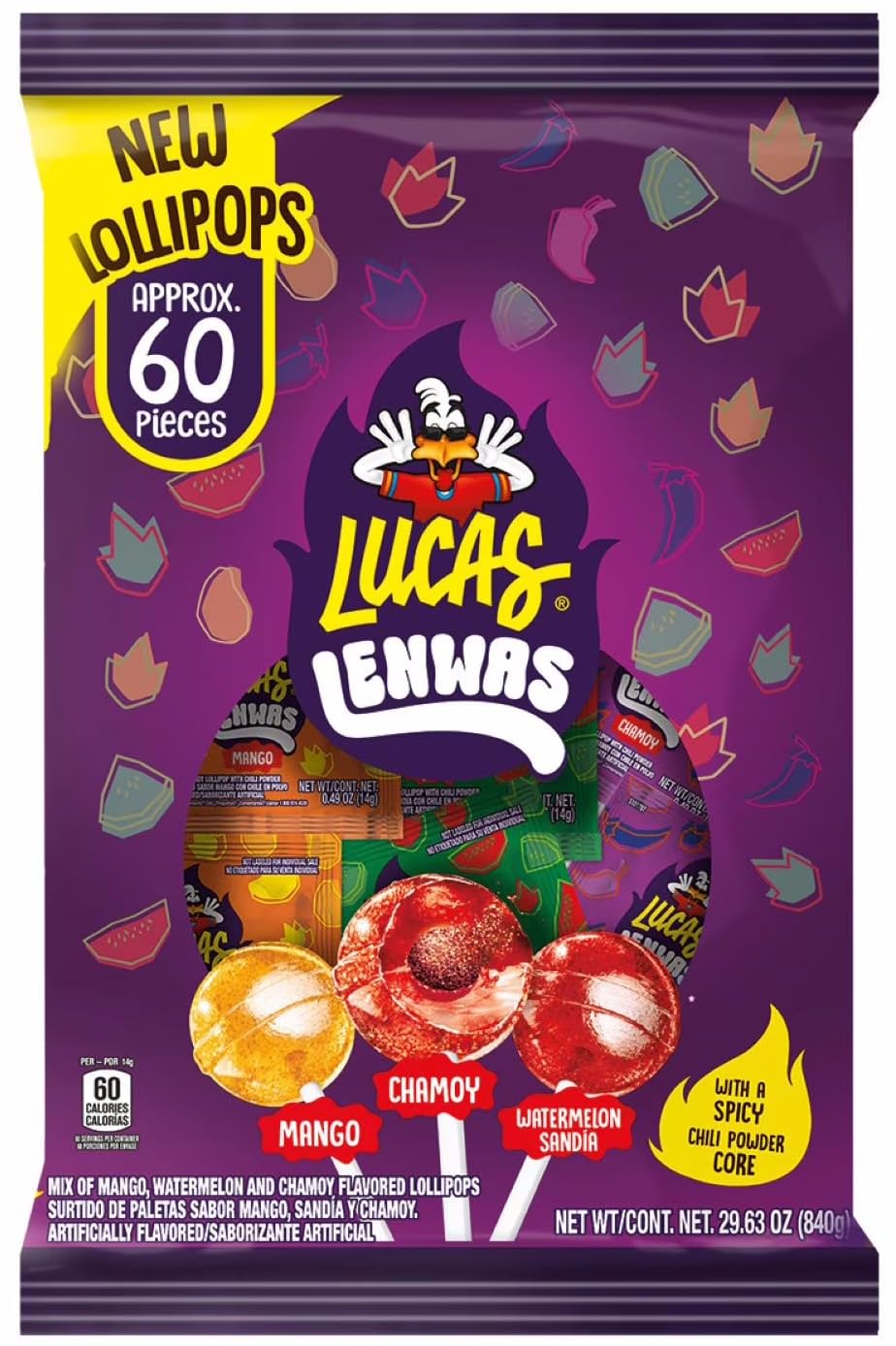 Lucas Lenwas Lollipops Variety Pack with Spicy Chili Powder Core, Mango, Chamoy & Watermelon Flavors, 60 Count, 29.63 oz (Pack of 1)