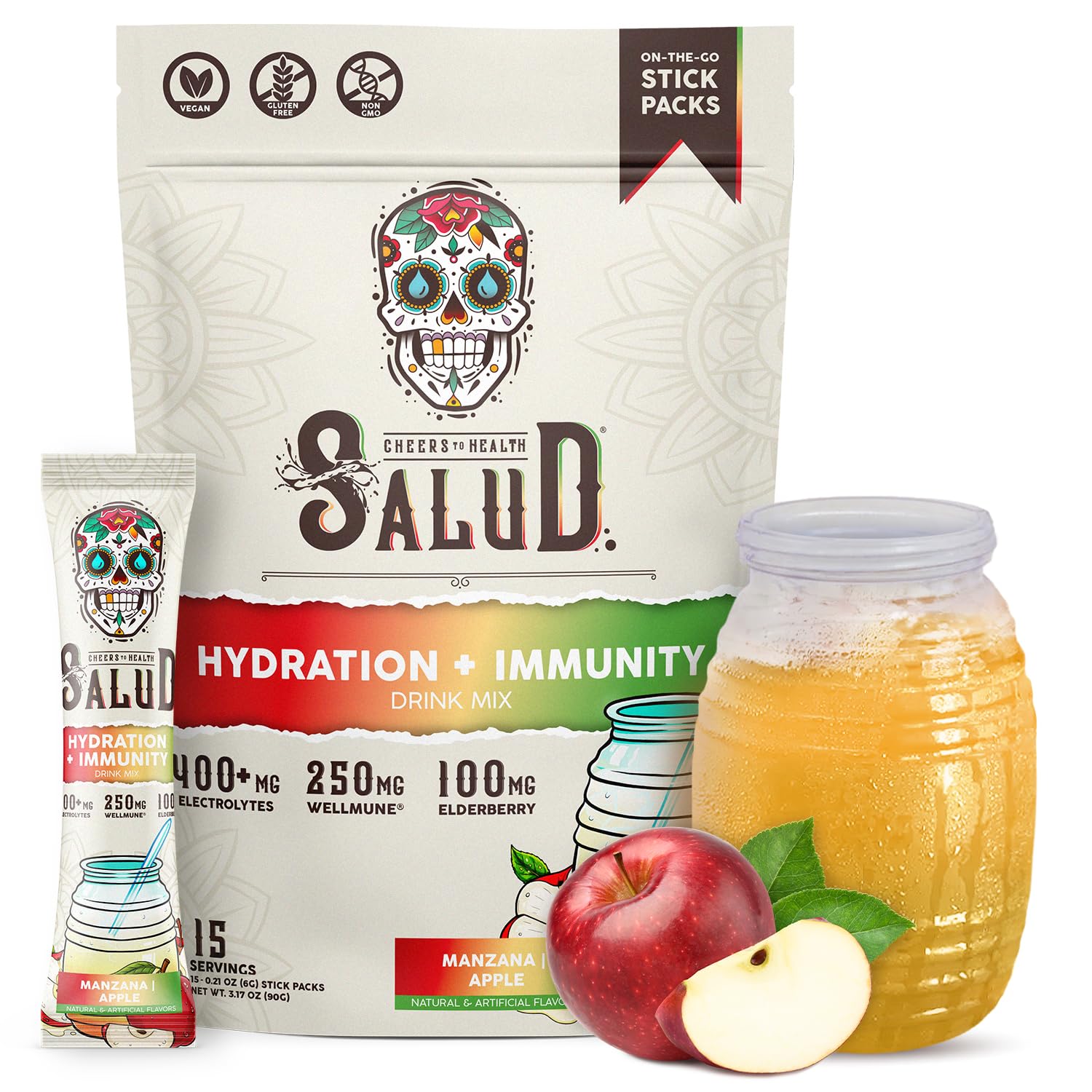 Salud x Jarritos 2-in-1 Hydration Packets + Immunity Electrolytes Powder, Guava - Agua Fresca Drink Mix, Elderberry, Dairy & Soy Free, Non-GMO, Gluten Free, Vegan, 1g Sugar (15 Servings)