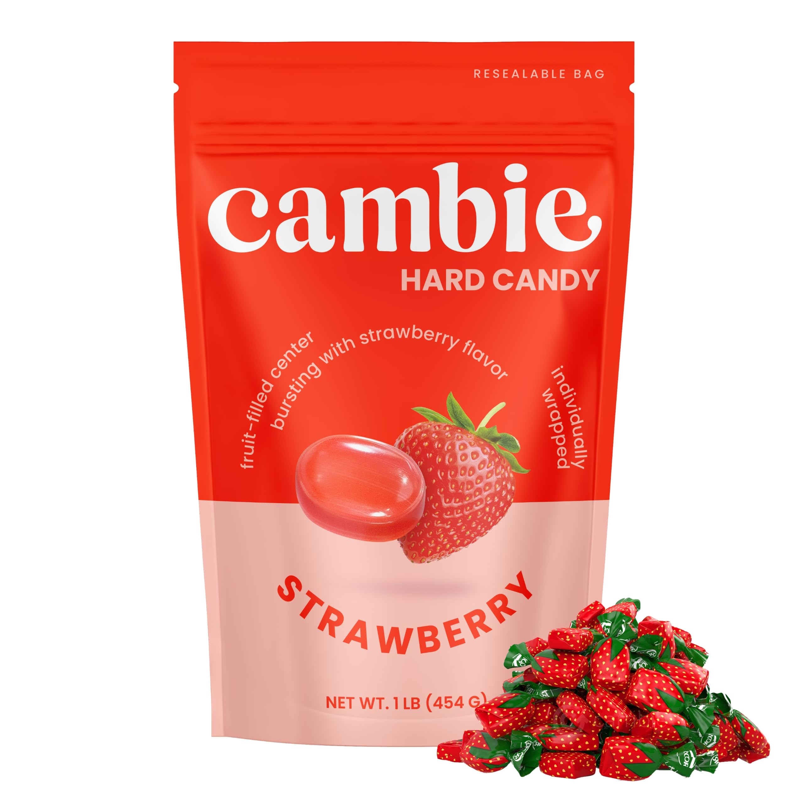 Strawberry Hard Candy Individually Wrapped by Cambie, 2 lbs of Strawberry Candy with a Deliciously Sweet Hard Exterior with a Soft, Fruit-Filled Center
