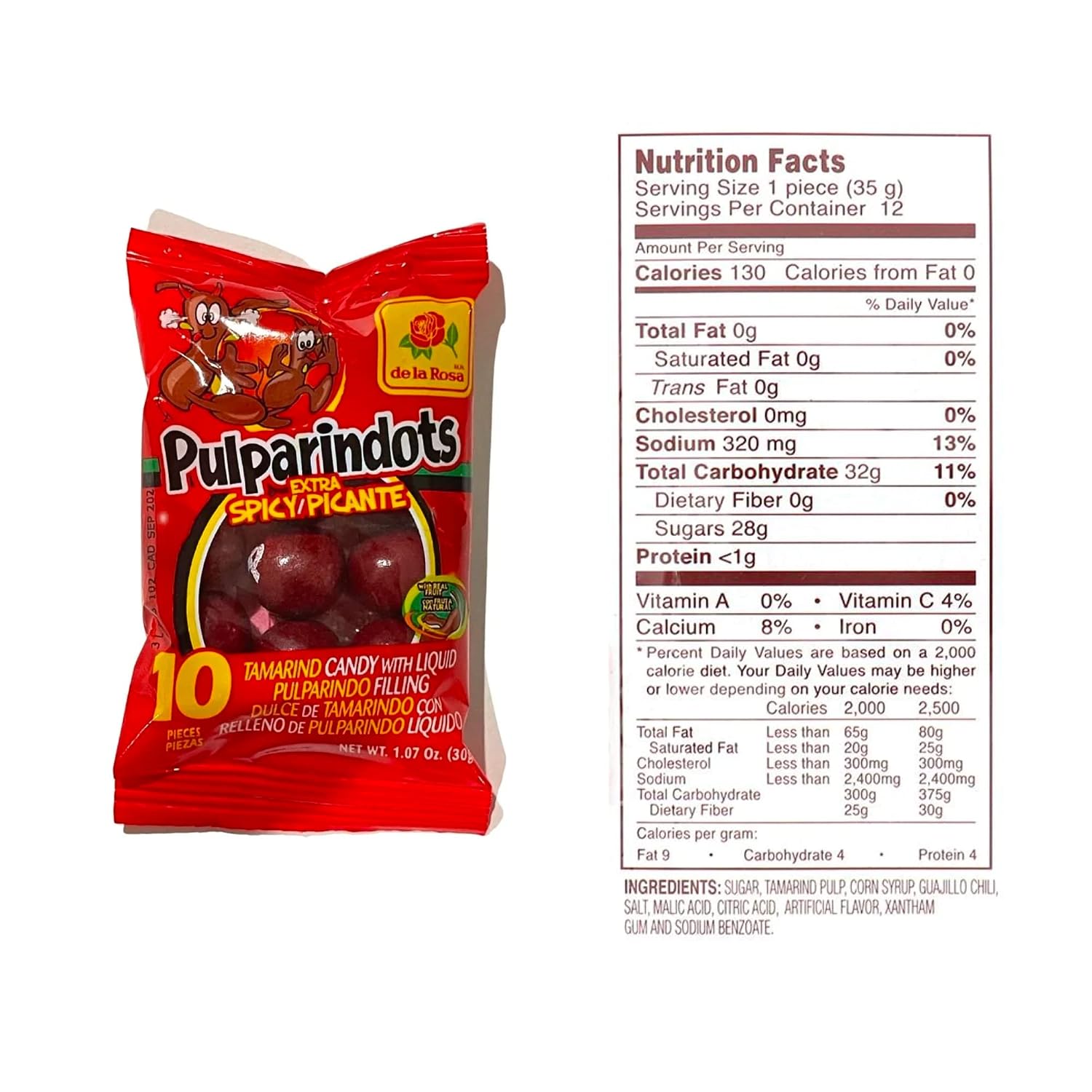 Sweetzo Extra Hot Pulparindo Mexican Candy Sweet and Salty Tamarind Pulp Individual Single Serving On the Go Bags, Hard Shell Soft Candies Filled Center, Goody Bag Fillers (Pack of 6)