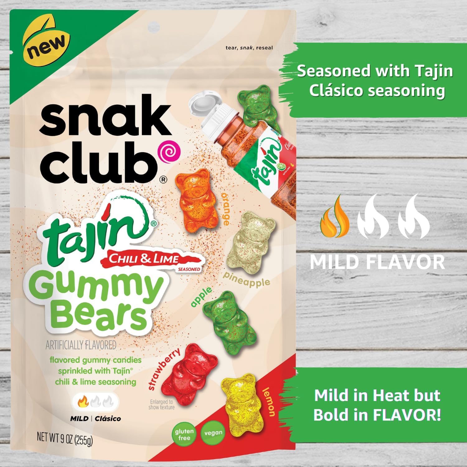Snak Club Tajin Gummy Bears, Assorted Fruit Candy Gummies with Chili and Lime Seasoning, Mild, Gluten-Free and Vegan Snacks, 9 oz Resealable Bag