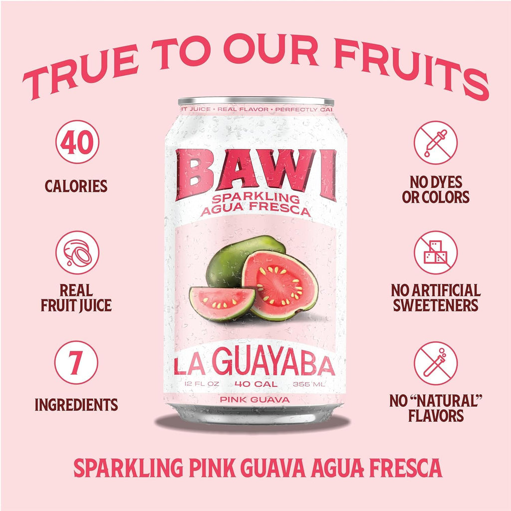 Bawi Sparkling Agua Fresca, 4 Pack Sparkling Water, Plant-Based, Low Calorie, Less Sugar, Mexican Drink Made in the USA (4 Count, Guava)