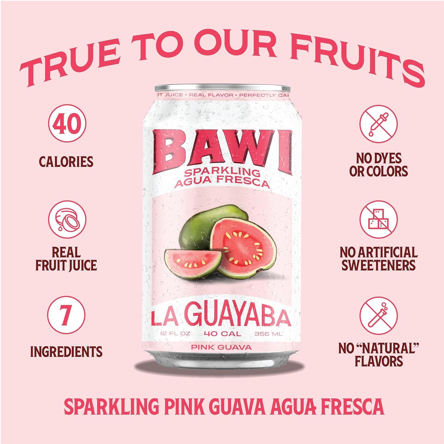 Bawi Sparkling Agua Fresca, 4 Pack Sparkling Water, Plant-Based, Low Calorie, Less Sugar, Mexican Drink Made in the USA (4 Count, Guava)