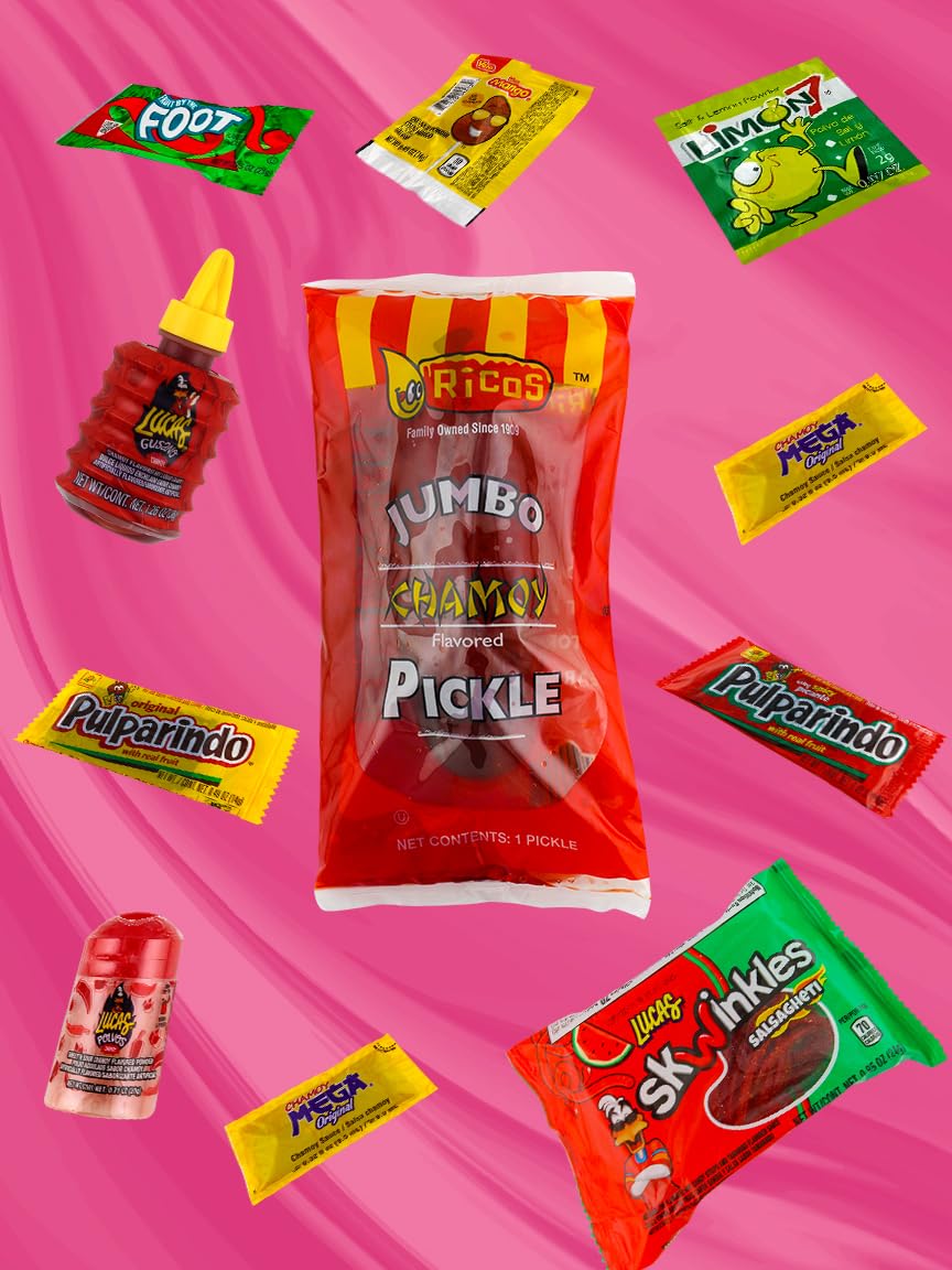 Ricos Jumbo Chamoy Pickle Kit, Mexican Candy Mix Ready to make the Famous TikTok Trend, Includes Ricos Jumbo Dill Pickle in Chamoy Souce, Baby Lucas, Lucas Gusano, Skwinkles Salsaghetti & and More Mexican Candies by LookOn