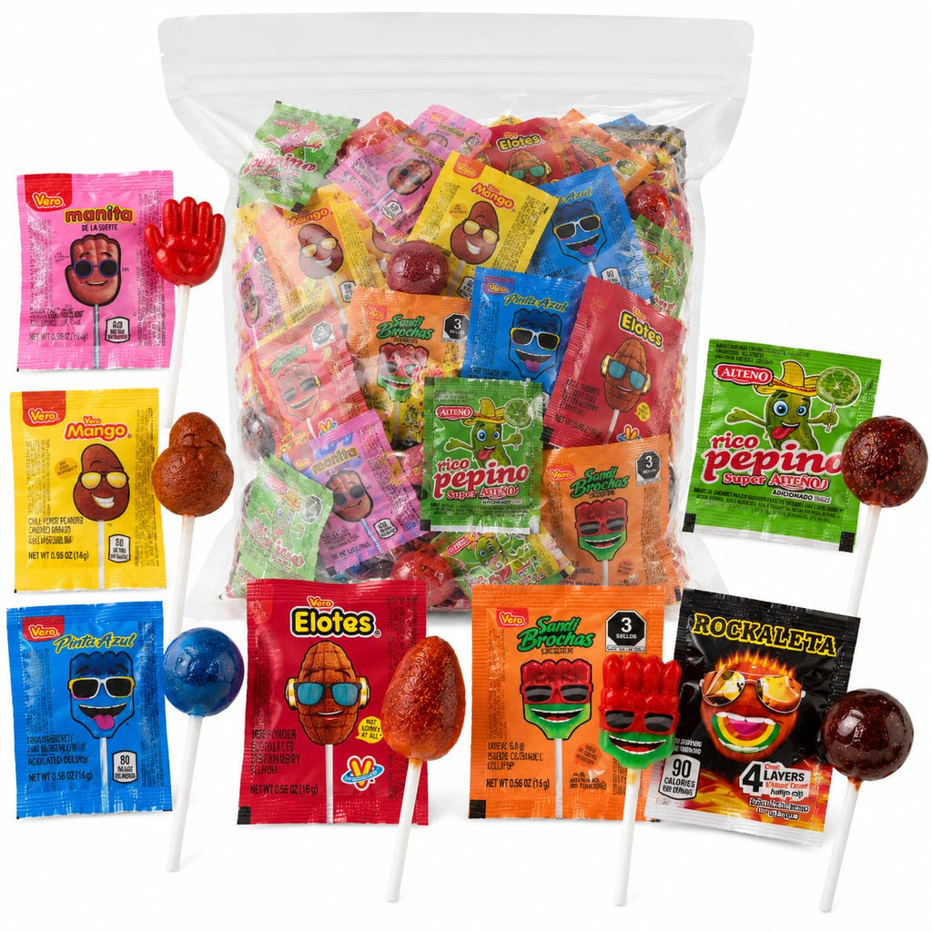 Mexican Candy Lollipop Mix – 26 Count – 7 Different Flavors – Sweet, Spicy, and Tangy Assorted Lollipops – Perfect for Piñatas, Parties, and Snacks