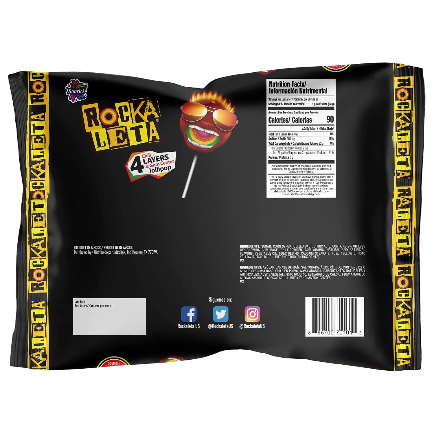 Rockaleta Chile Lollipops, 20 Count (SUGAR CANDY - ETHNIC)
