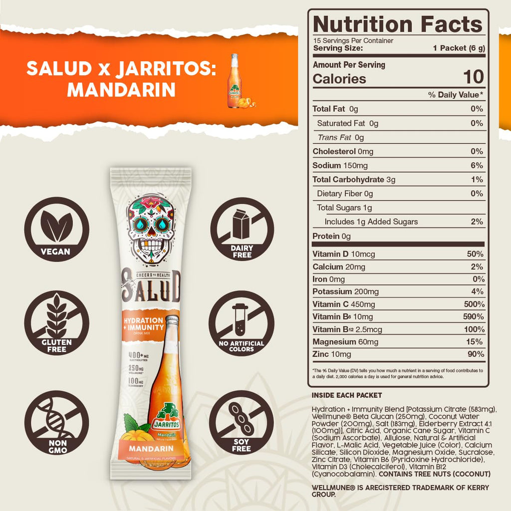 Salud x Jarritos 2-in-1 Hydration Packets + Immunity Electrolytes Powder, Guava - Agua Fresca Drink Mix, Elderberry, Dairy & Soy Free, Non-GMO, Gluten Free, Vegan, 1g Sugar (15 Servings)