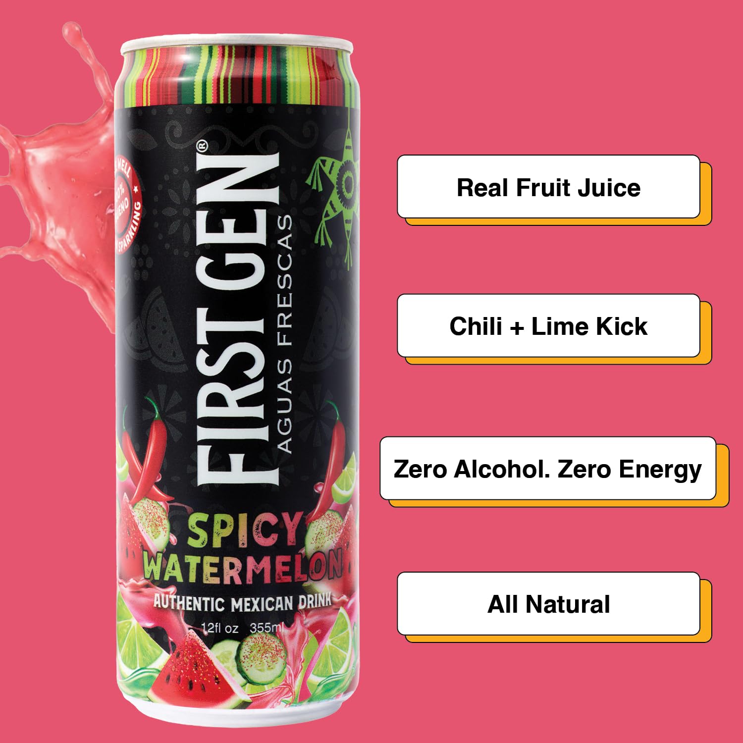 Drink Mexican Spicy Watermelon Drink – Non Carbonated, Non-Alc, Caffeine Free Aguas Frescas with Real Watermelon Juice & Chili Peppers, Sweet Tangy Salty Flavor- First Gen Authentic Mexican Watermelon Fruit Juice Drink - 12 fl oz Cans, 6 Pack