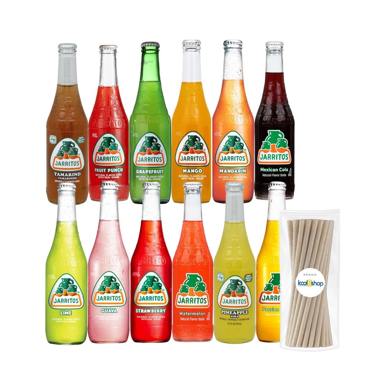 Jarritos Variety Pack Mexican Soft Soda Drink 12 fl oz Glass Bottles 12 Pack + 15 Sugarcane Disposable Straws by KOOL8SHOP Infinite Deals