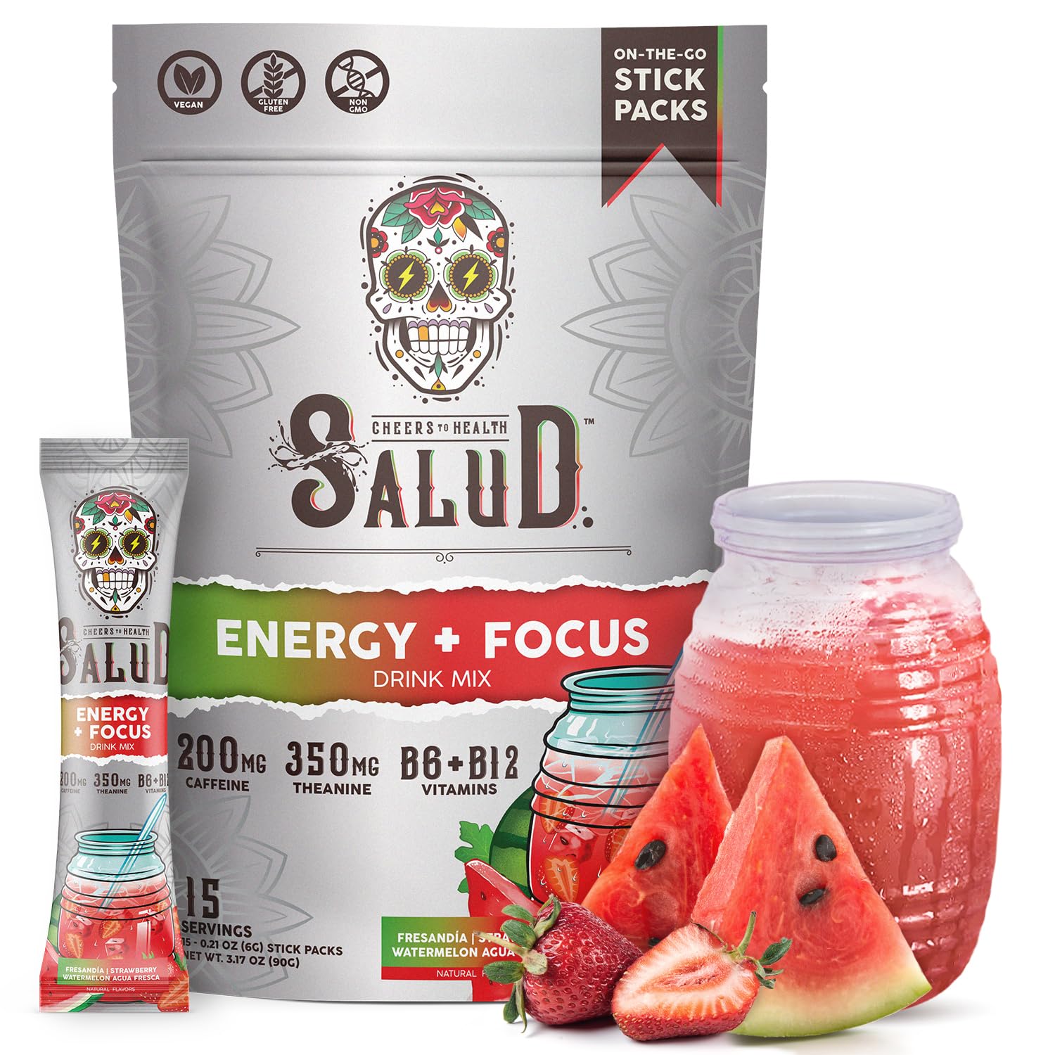 Salud x Jarritos 2-in-1 Energy Drink Powder + Focus, Lime, Organic Caffeine, B6 + B12, Theanine, Clean Energy Drink Packets, Limon Agua Fresca Mix, Non-GMO, Gluten Free, 1g of Sugar, (15 Servings)