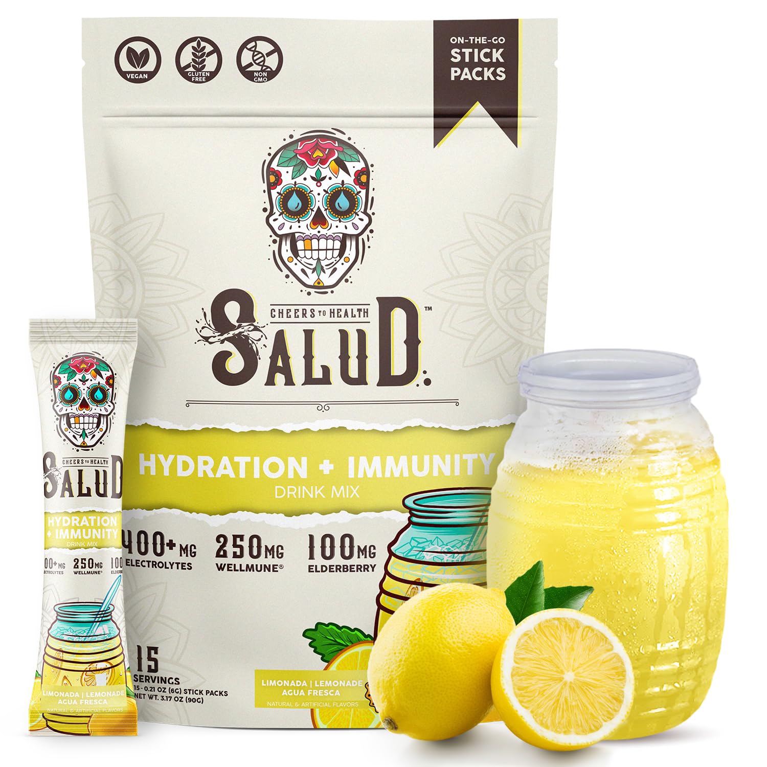 Salud x Jarritos 2-in-1 Hydration Packets + Immunity Electrolytes Powder, Guava - Agua Fresca Drink Mix, Elderberry, Dairy & Soy Free, Non-GMO, Gluten Free, Vegan, 1g Sugar (15 Servings)