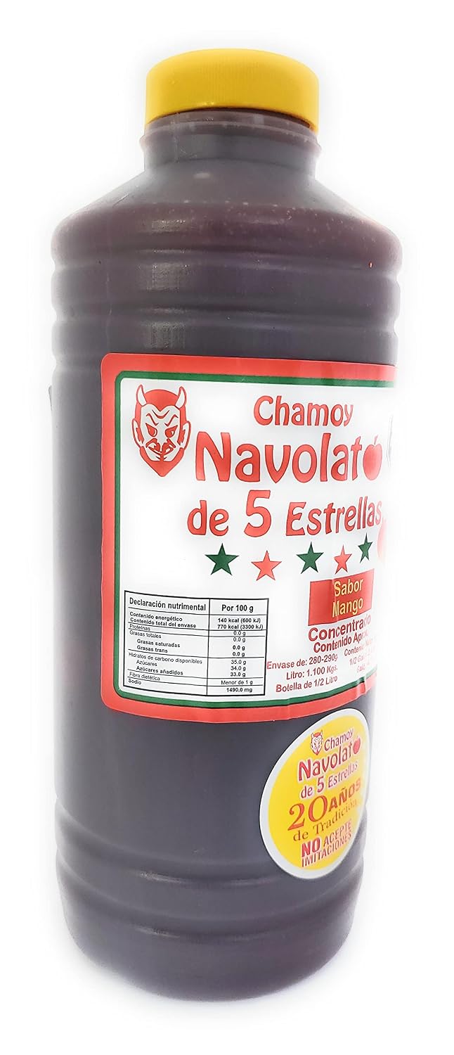 Chamoy Navolato de 5 Estrellas with Real Fruit Pulp, A Mexican Classic, Sweet, Spicy, Salty, Fruity, Snack, Michelada Sauce (1 Liter) (Mango)