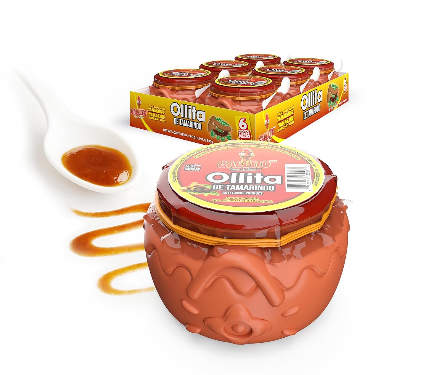 Gallito Mex Ollitas Tamarindo | Spicy Candy Tamarind Flavor | Sweet and Tangy Mexican Candy | Bulk Pack for Parties, Snacks, Piñatas & Sharing | 6 Pieces, 2-Pack