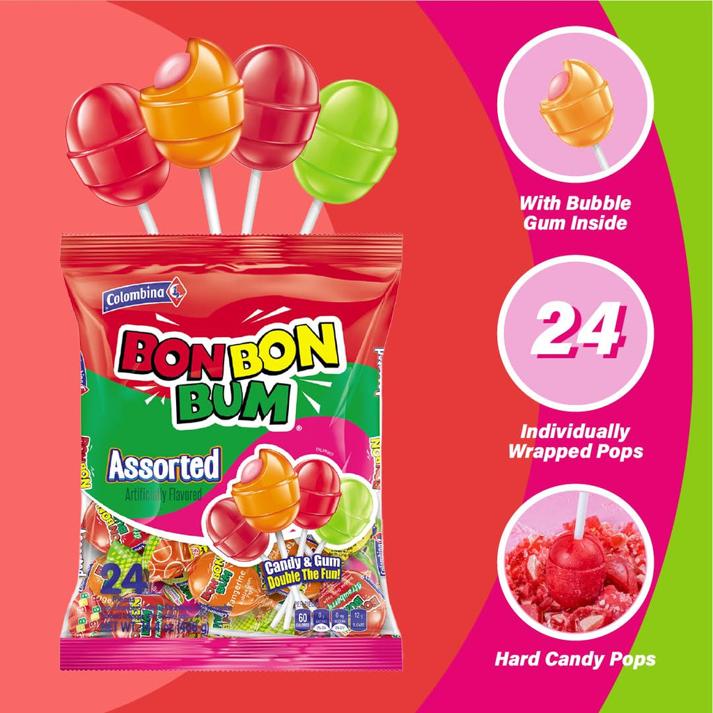Colombina Bon Bon Bum Passion Fruit Lollipops, Tropical Fruit Hard Candy, Individually Wrapped Candy Pops for Parties, Candy Bowl Refill, Office or Classroom Rewards, 24 Count