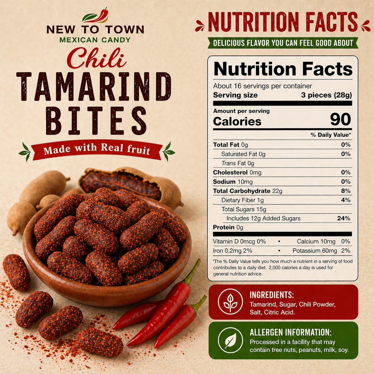 Tamarind Candy 16 oz – Tamarindo De Frutas Con Chile, Sweet, Tangy & Spicy Tamarind Mexican Candy with Chili – Authentic Tamarindo Candy Bites, Chewy Fruit Snack, Contains Seed