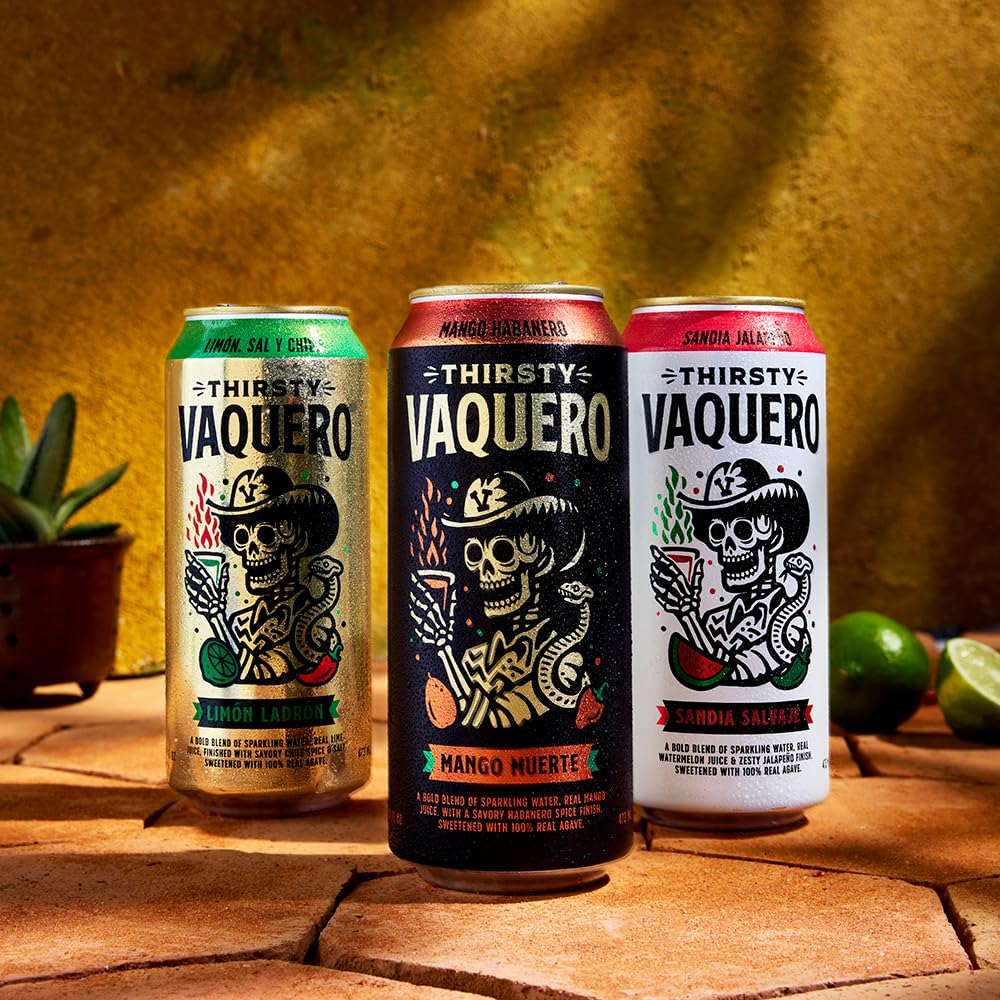 Thirsty Vaquero, Variety Pack, Mexican-inspired soda, Real Fruit Juice & Savory Spices, Organic Agave, Low Calorie | Lime, Salt & Chile, Watermelon Jalapeno, Mango Habanero (12-Pack | 16Oz Cans)