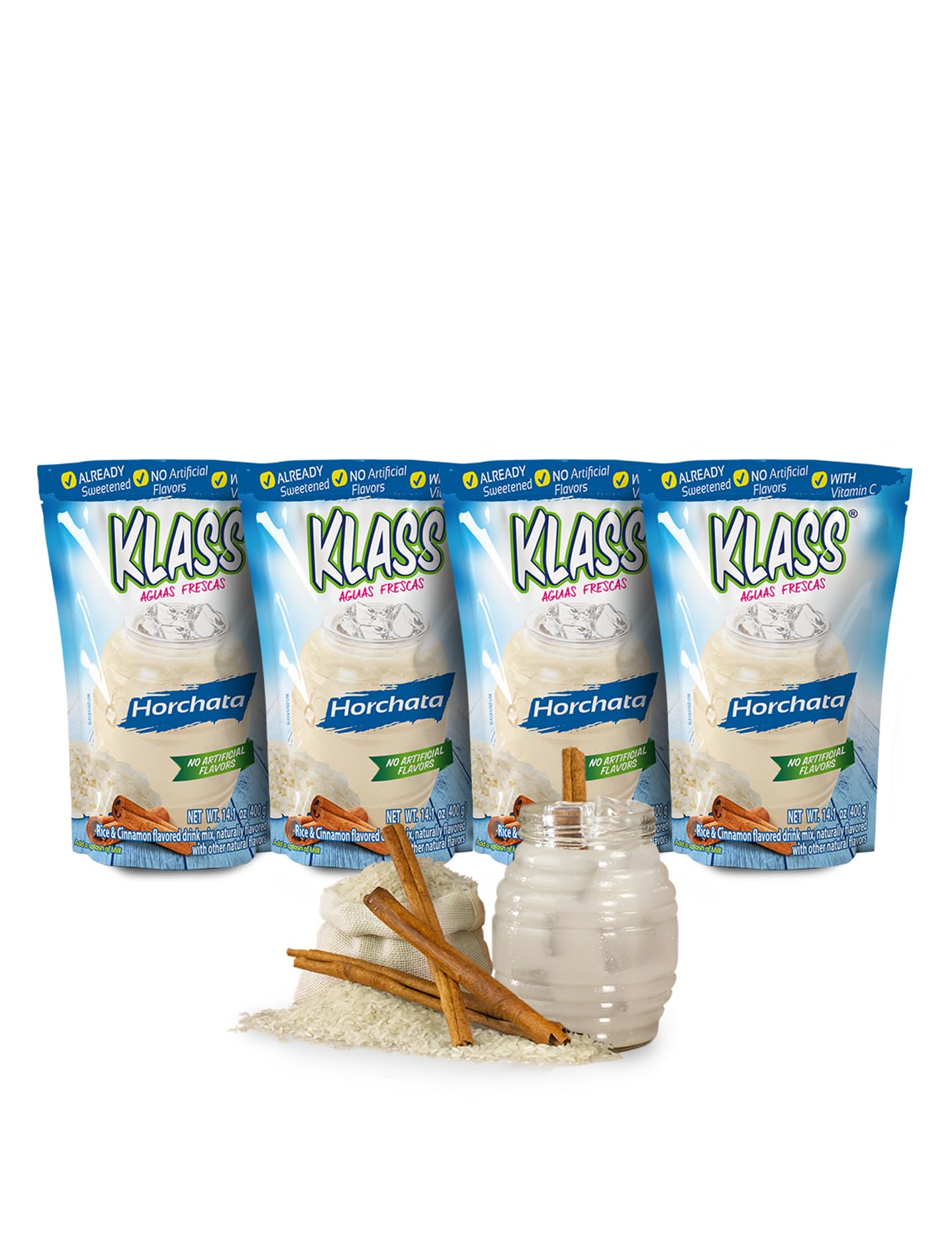 Klass Aguas Frescas Drink Mix Mexican Variety Pack - Horchata Limeade Hibiscus & Tamarind - Powder Drink Mix, Water Drink Mix with Natural Flavors & Vitamin C, Makes 28 to 36 Quarts (56 to 72 Drinks)