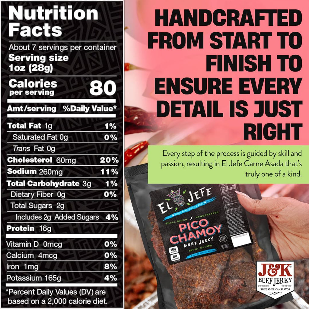 El Jefe Pico Chamoy Beef Jerky - Hand Crafted Small Batch Mexican Style Hispanic Slab Jerky - Bold & Authentic Flavor for Snacking and Entertaining! - 7oz